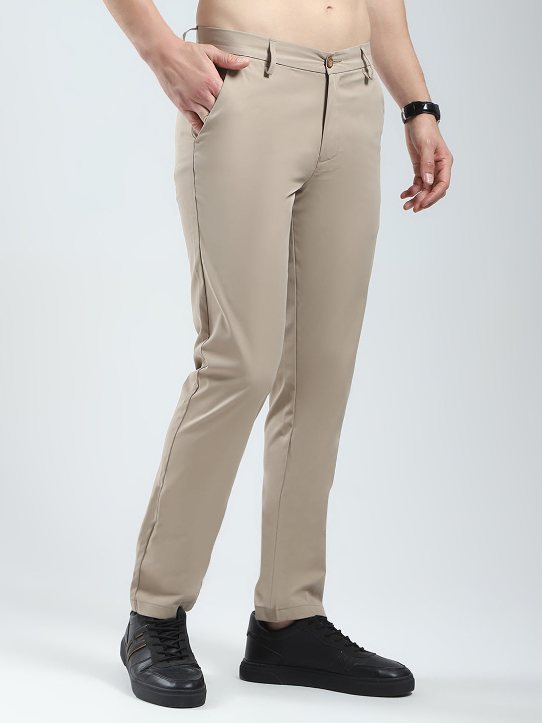 Men Khaki Solid Slim Fit Trouser