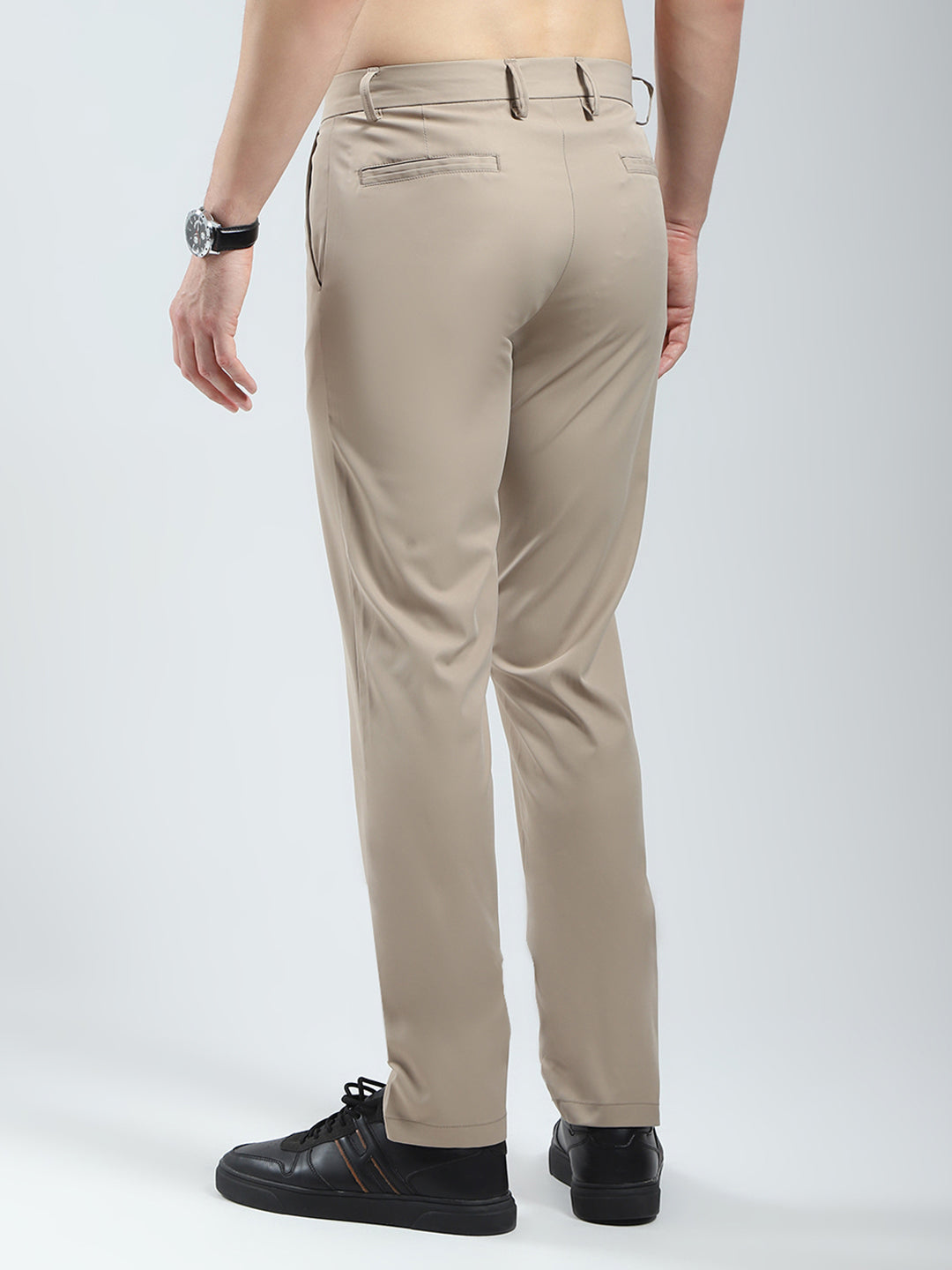 Men Khaki Solid Slim Fit Trouser