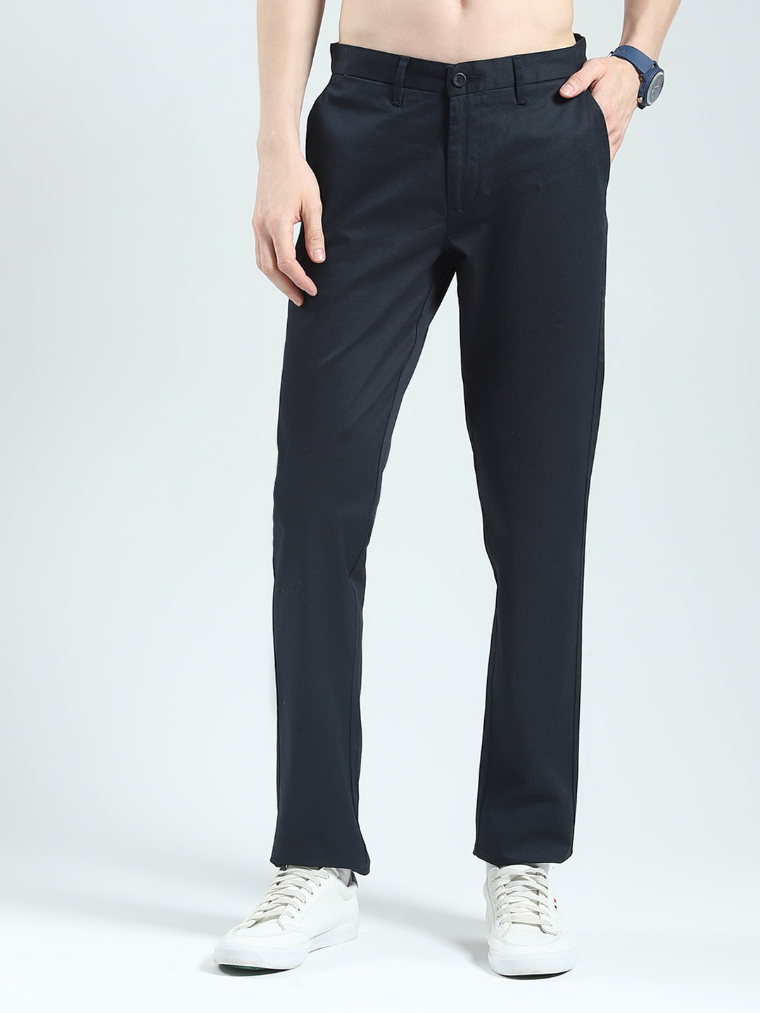 Men Navy Blue Solid Slim Fit Trouser