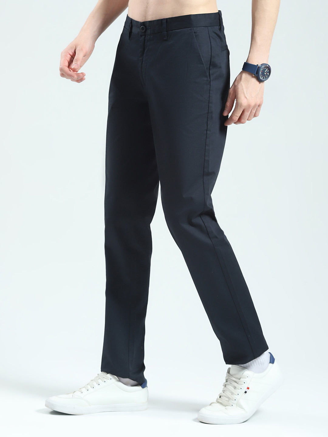 Men Navy Blue Solid Slim Fit Trouser