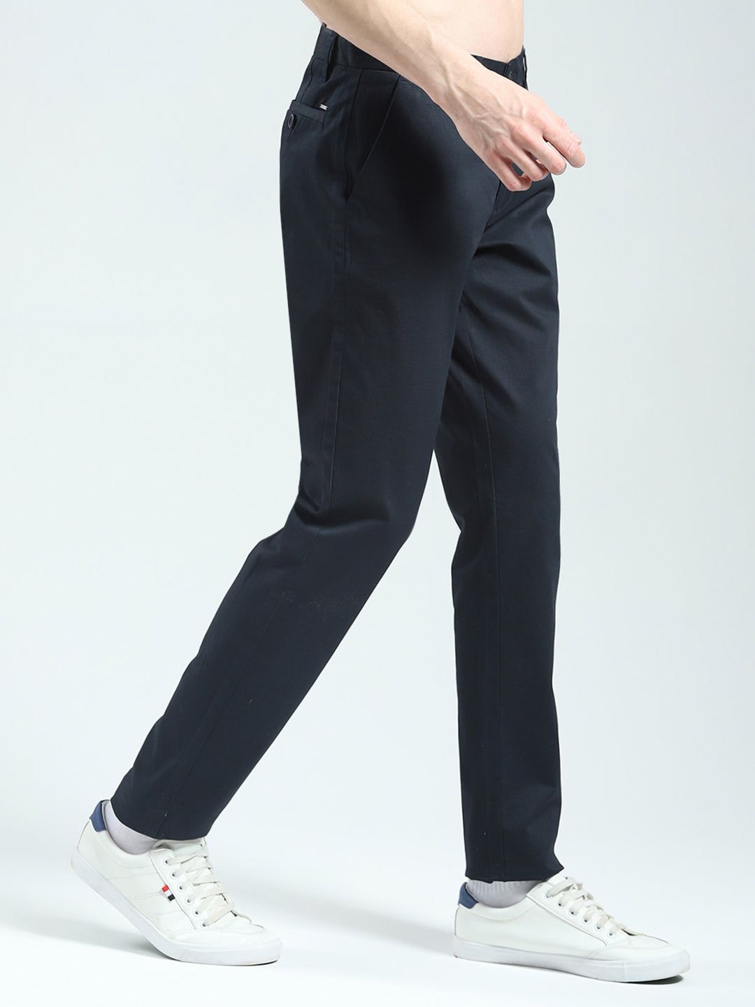 Men Navy Blue Solid Slim Fit Trouser