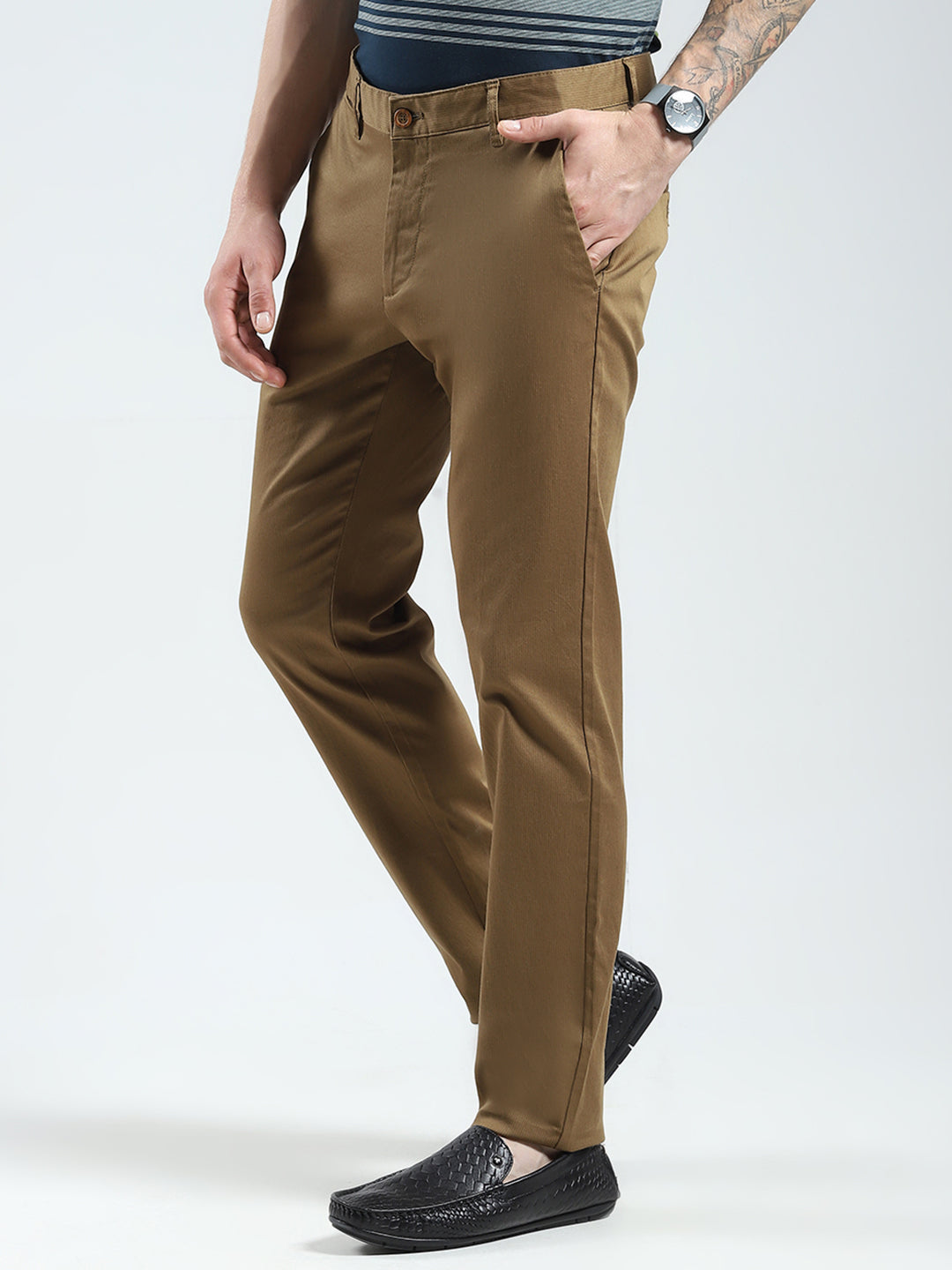 Men Khaki Solid Slim Fit Trouser