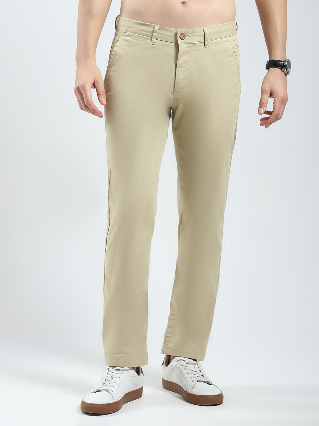 Men Khaki Solid Slim Fit Trouser