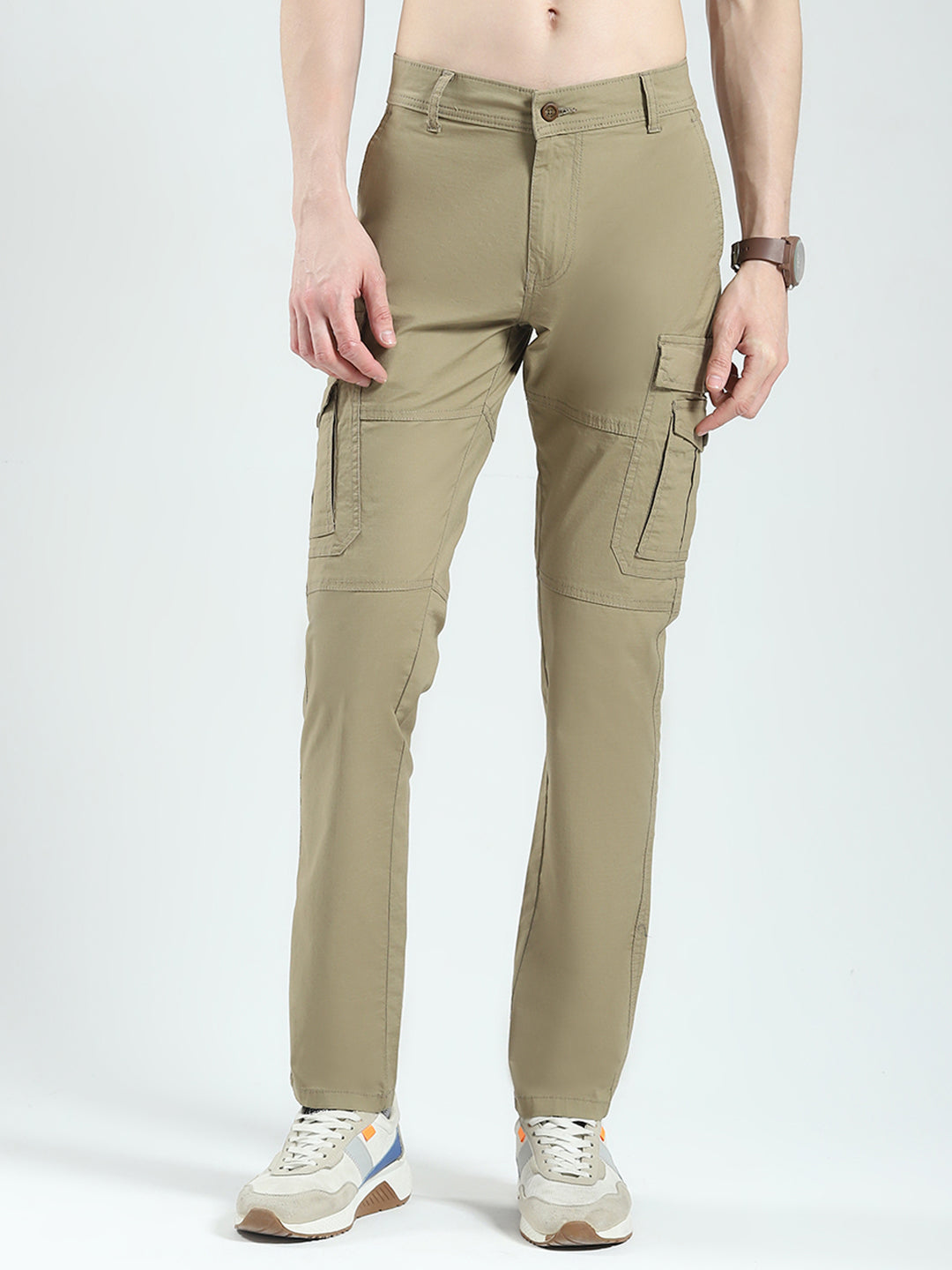 Men Khaki Solid Slim Fit Cargo