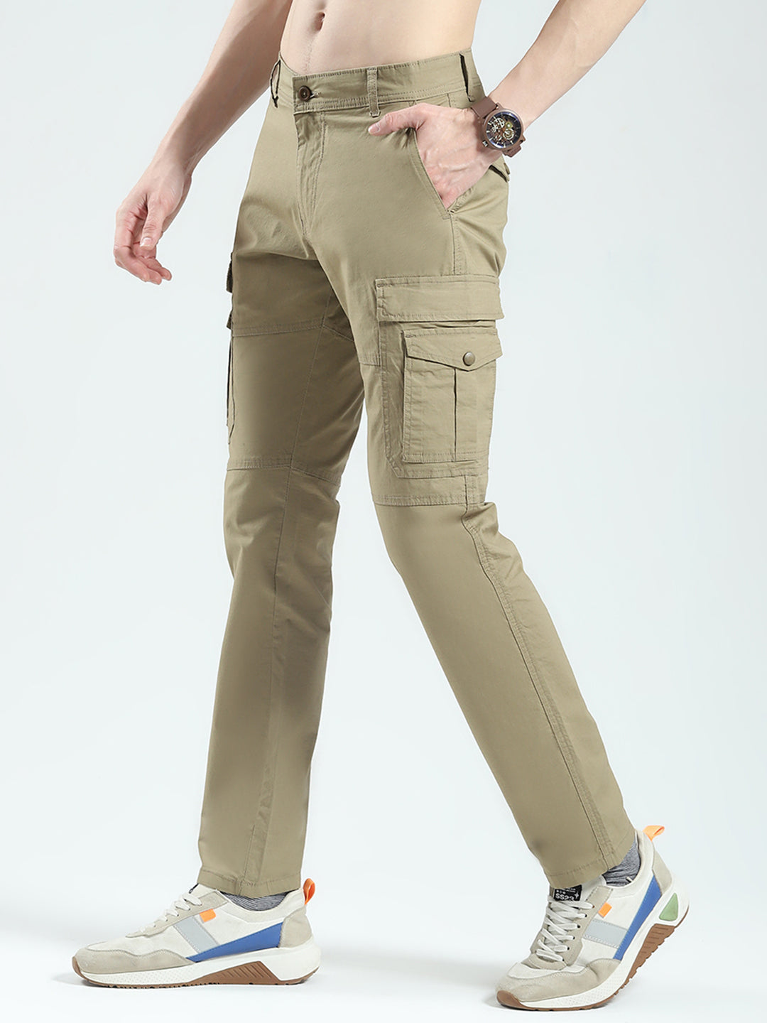 Men Khaki Solid Slim Fit Cargo