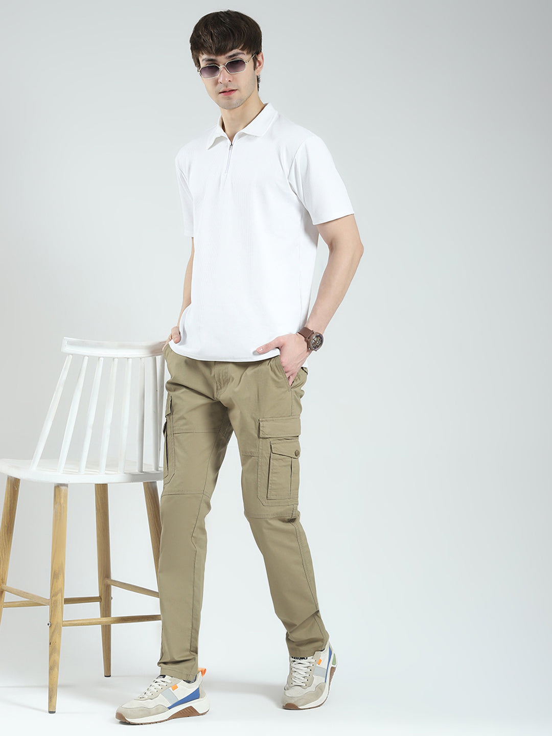 Men Khaki Solid Slim Fit Cargo