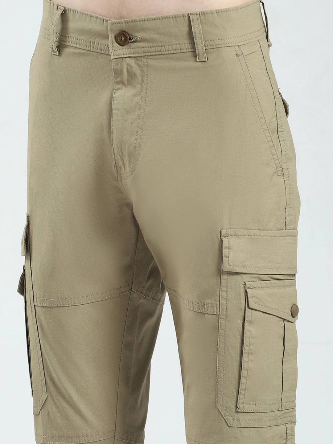 Men Khaki Solid Slim Fit Cargo
