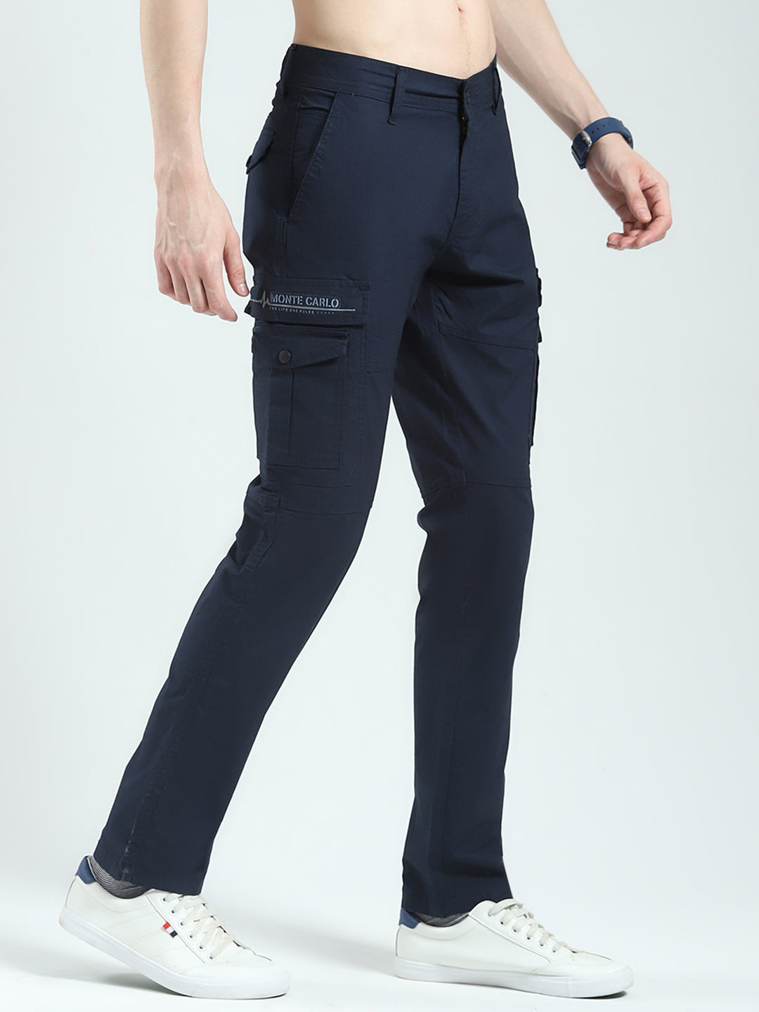 Men Navy Blue Solid Slim Fit Cargo
