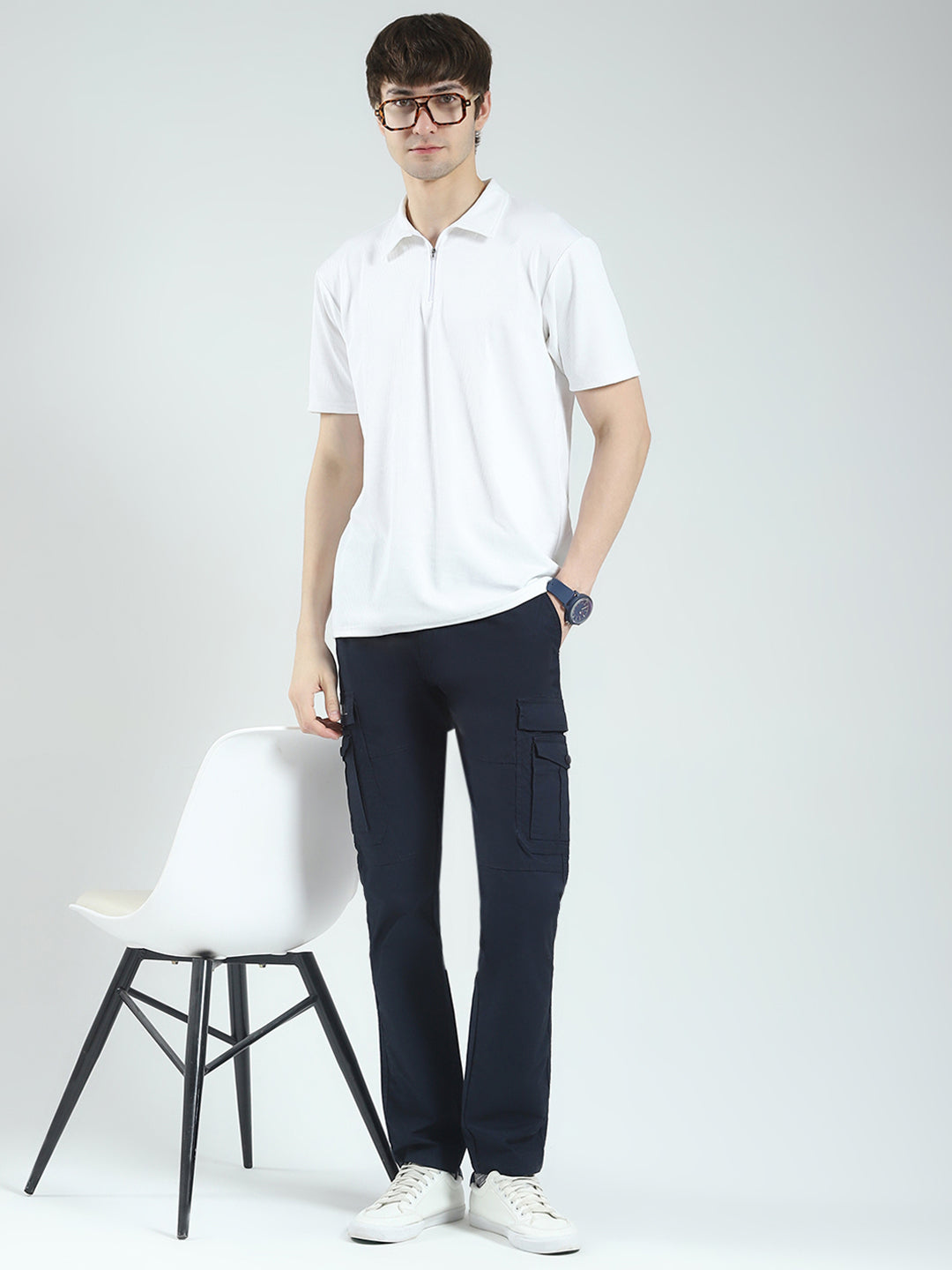 Men Navy Blue Solid Slim Fit Cargo