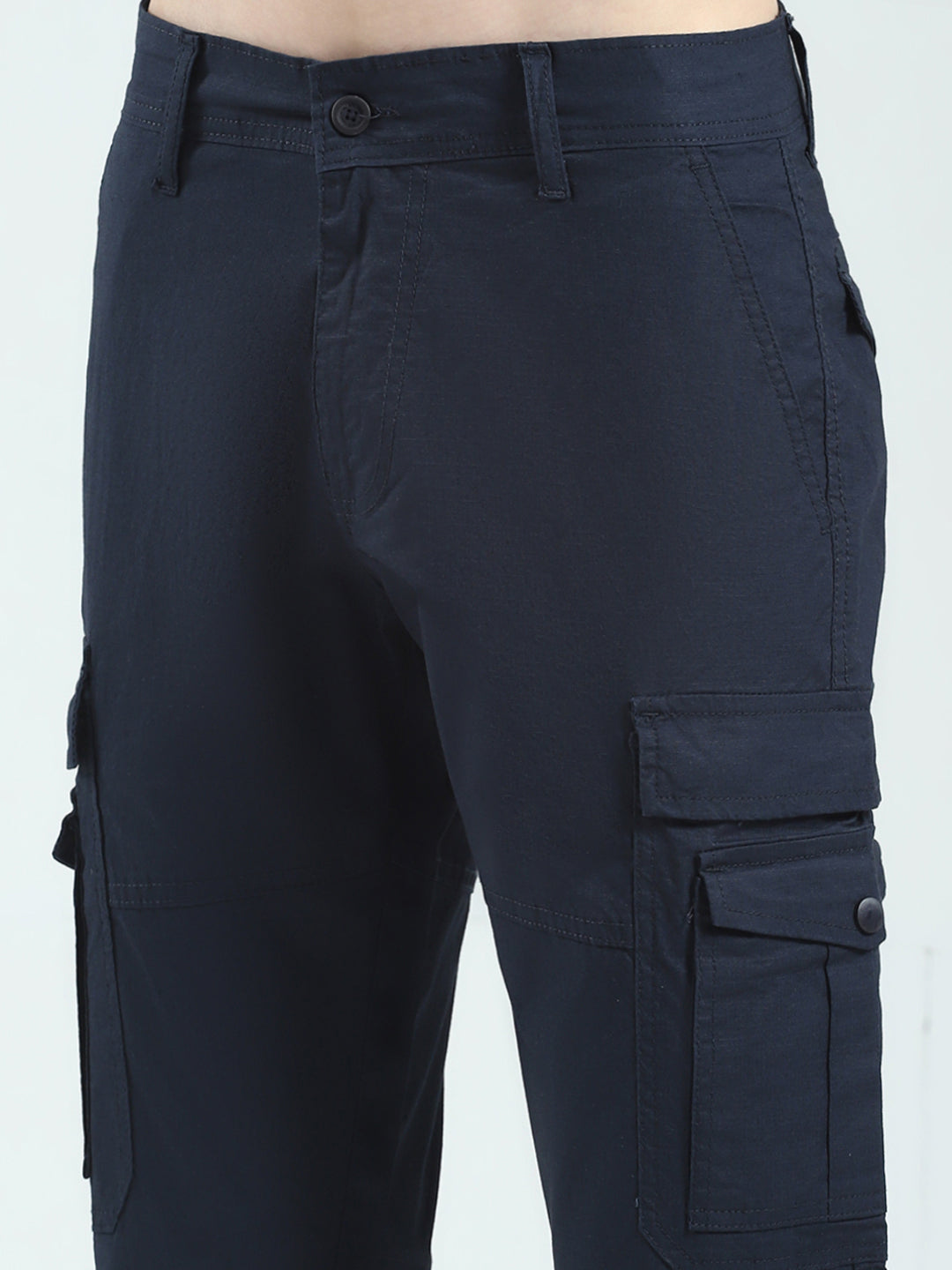 Men Navy Blue Solid Slim Fit Cargo