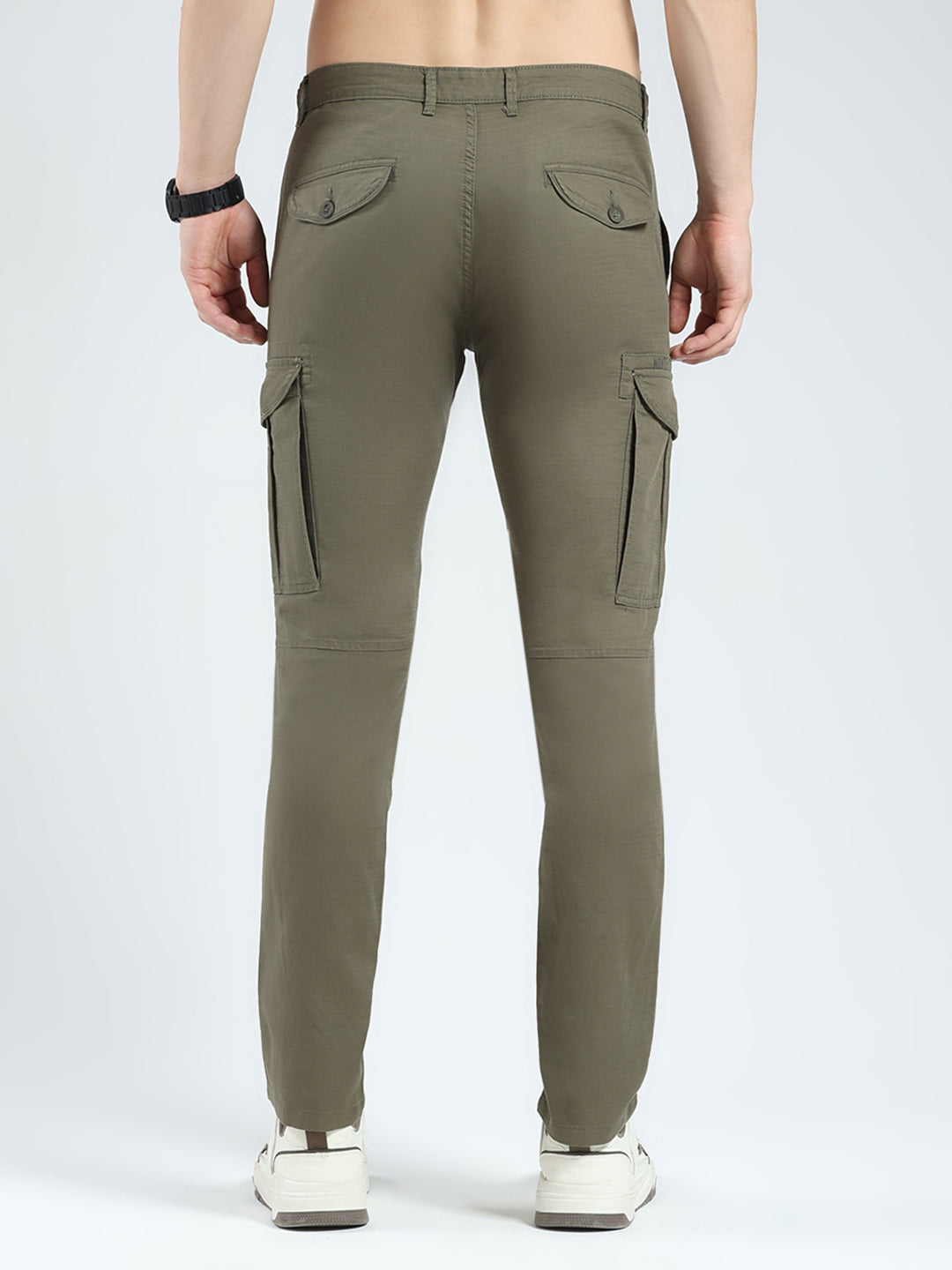 Men Olive Solid Slim Fit Cargo