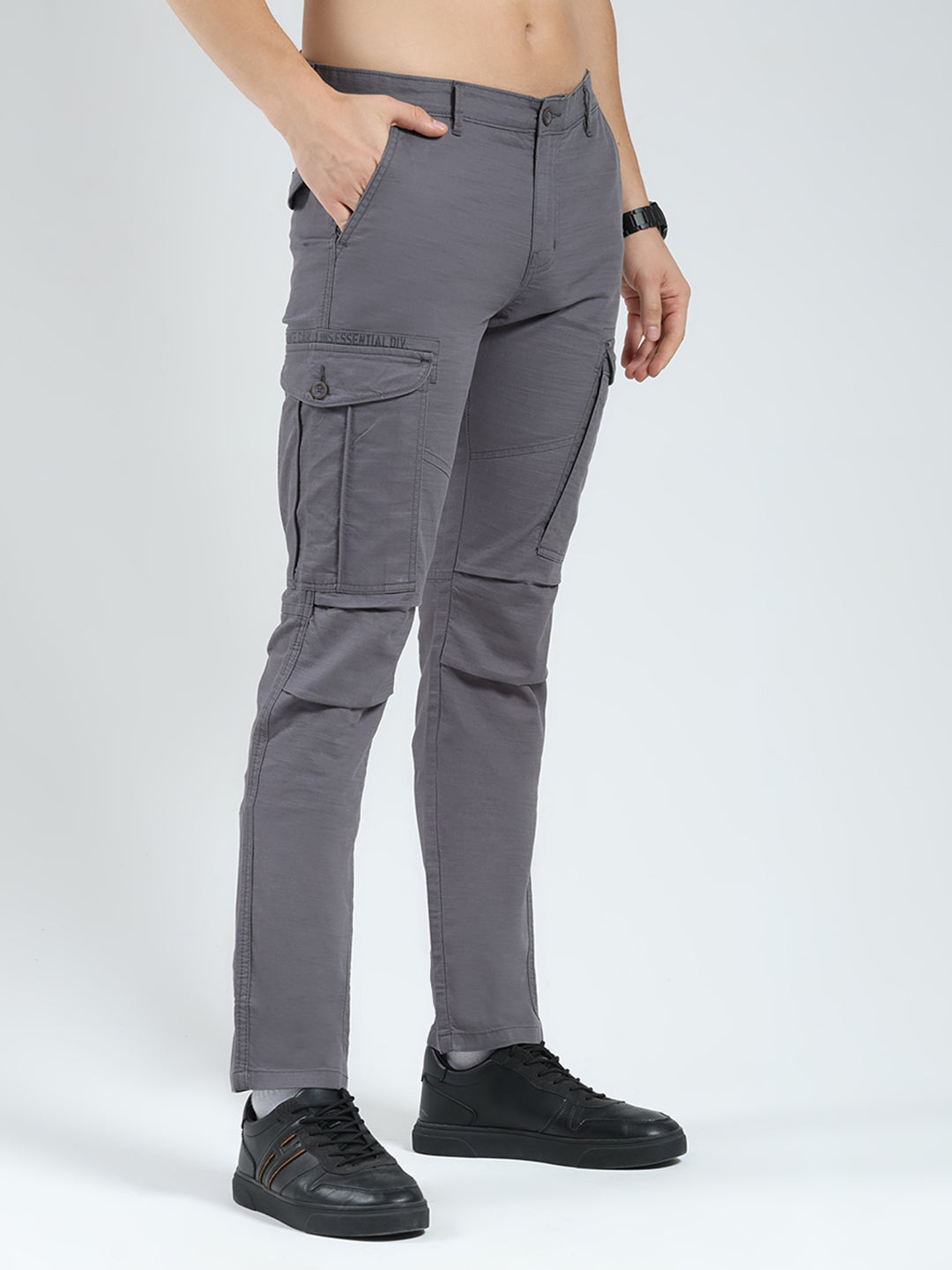 Men Grey Solid Slim Fit Cargo