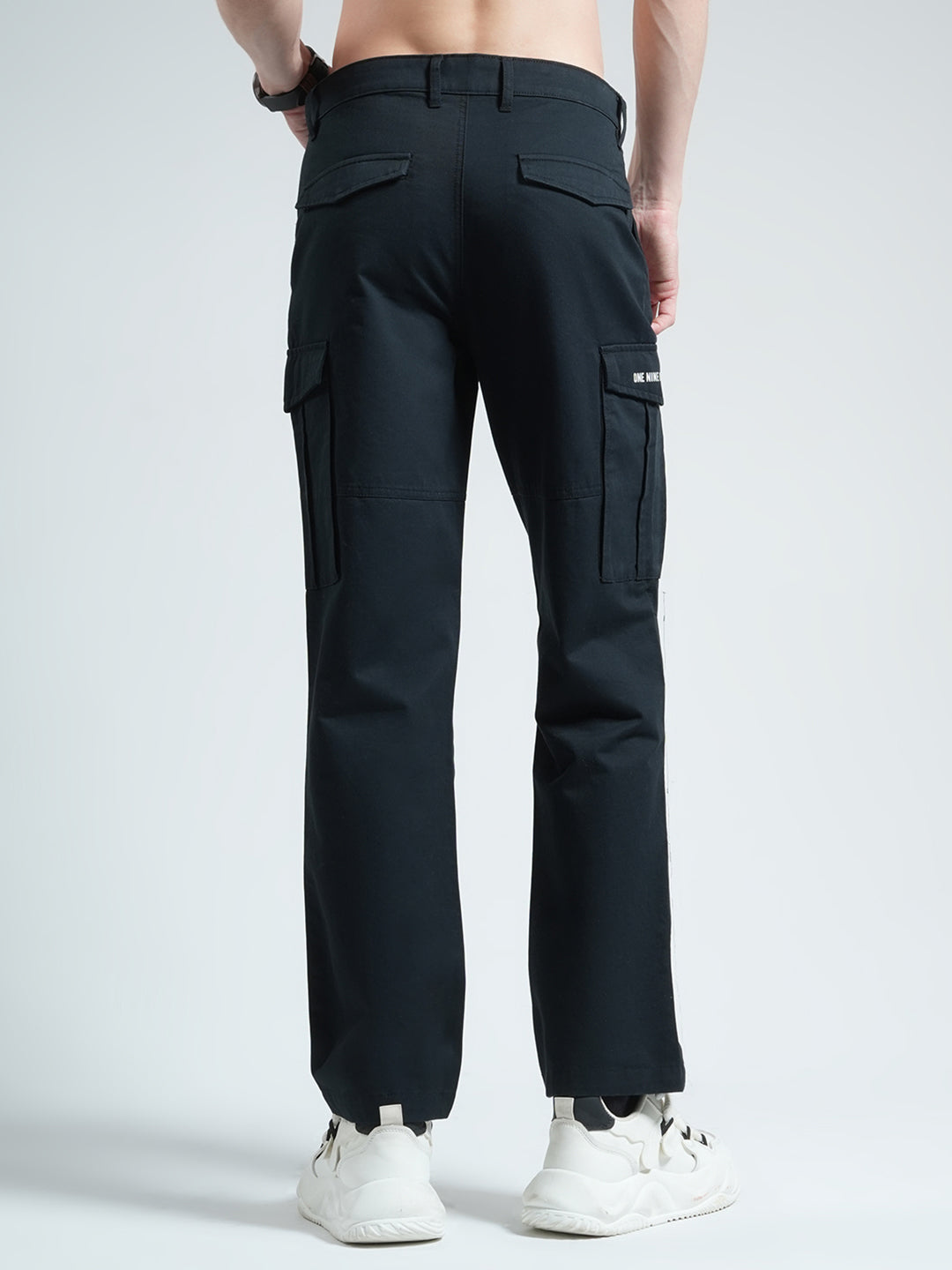 Men Navy Blue Solid Slim Fit Cargo