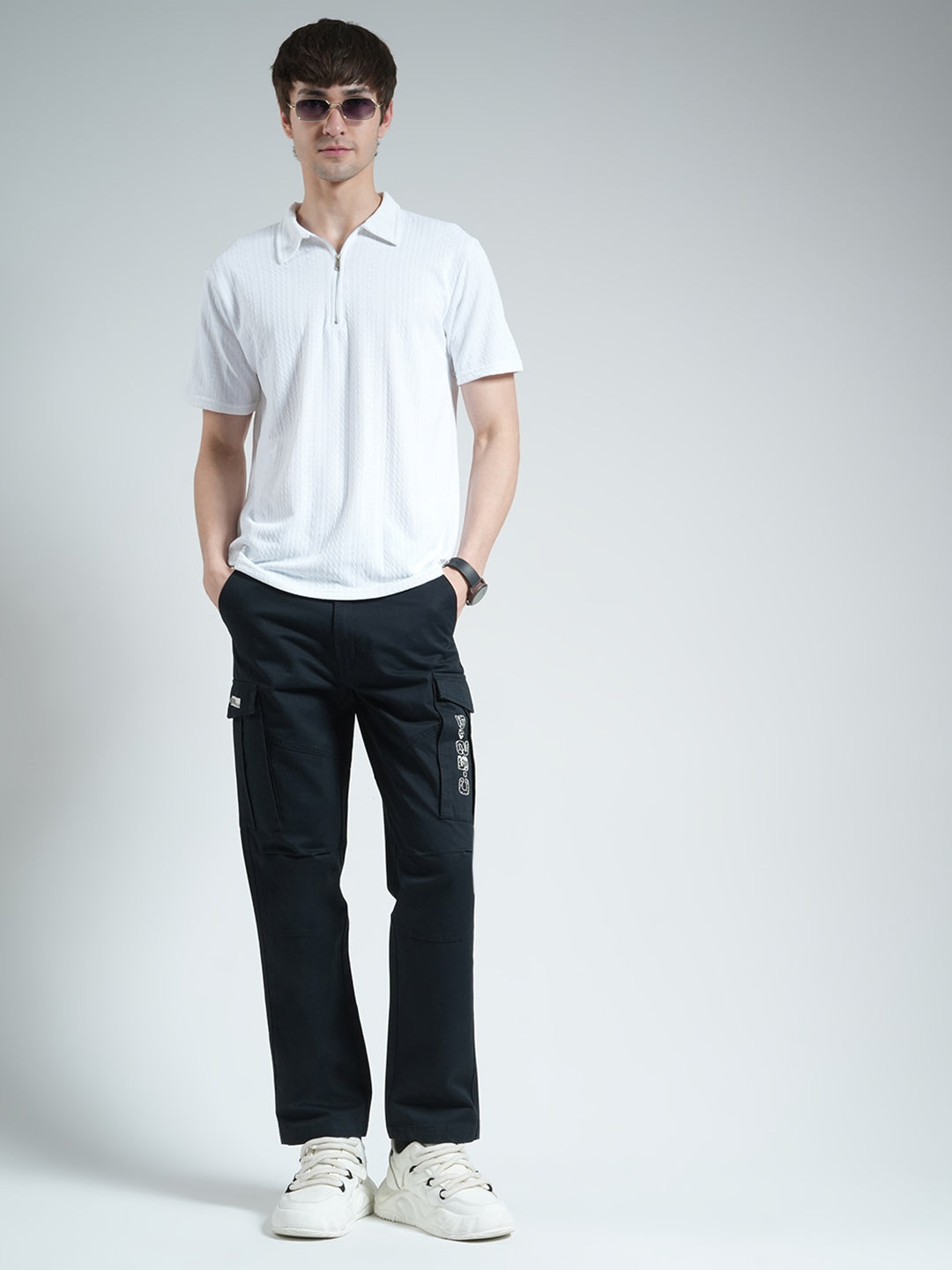 Men Navy Blue Solid Slim Fit Cargo