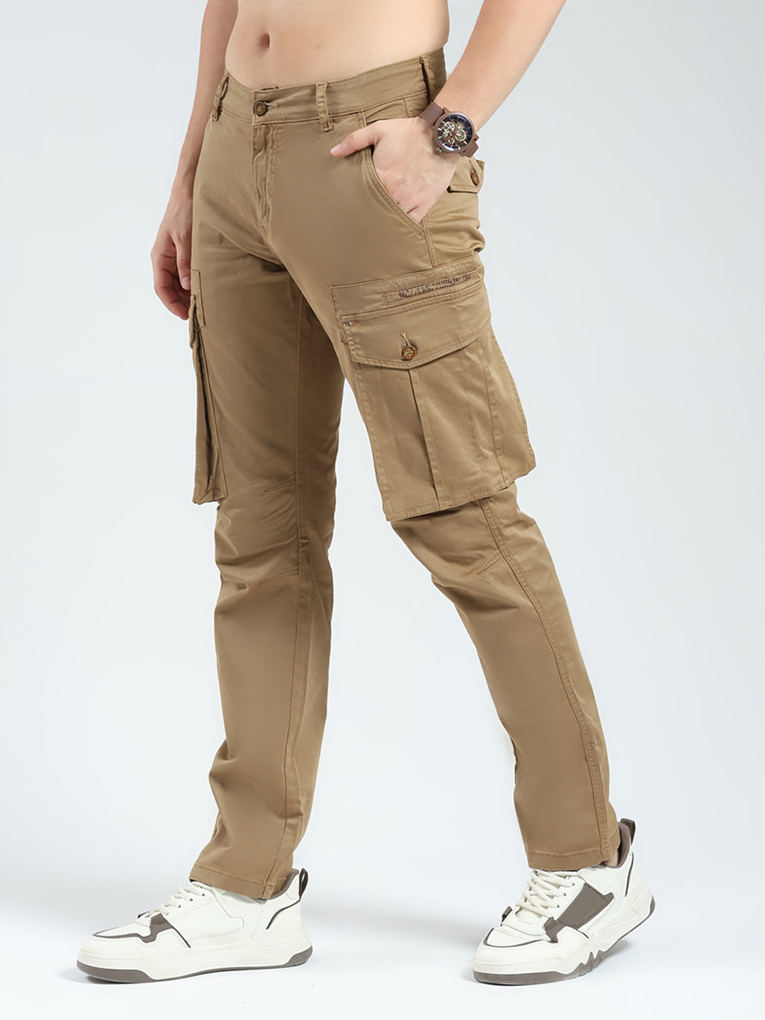 Men Khaki Solid Slim Fit Cargo