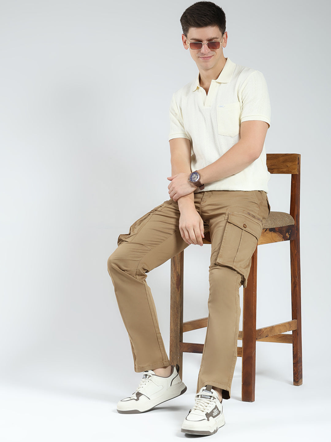 Men Khaki Solid Slim Fit Cargo