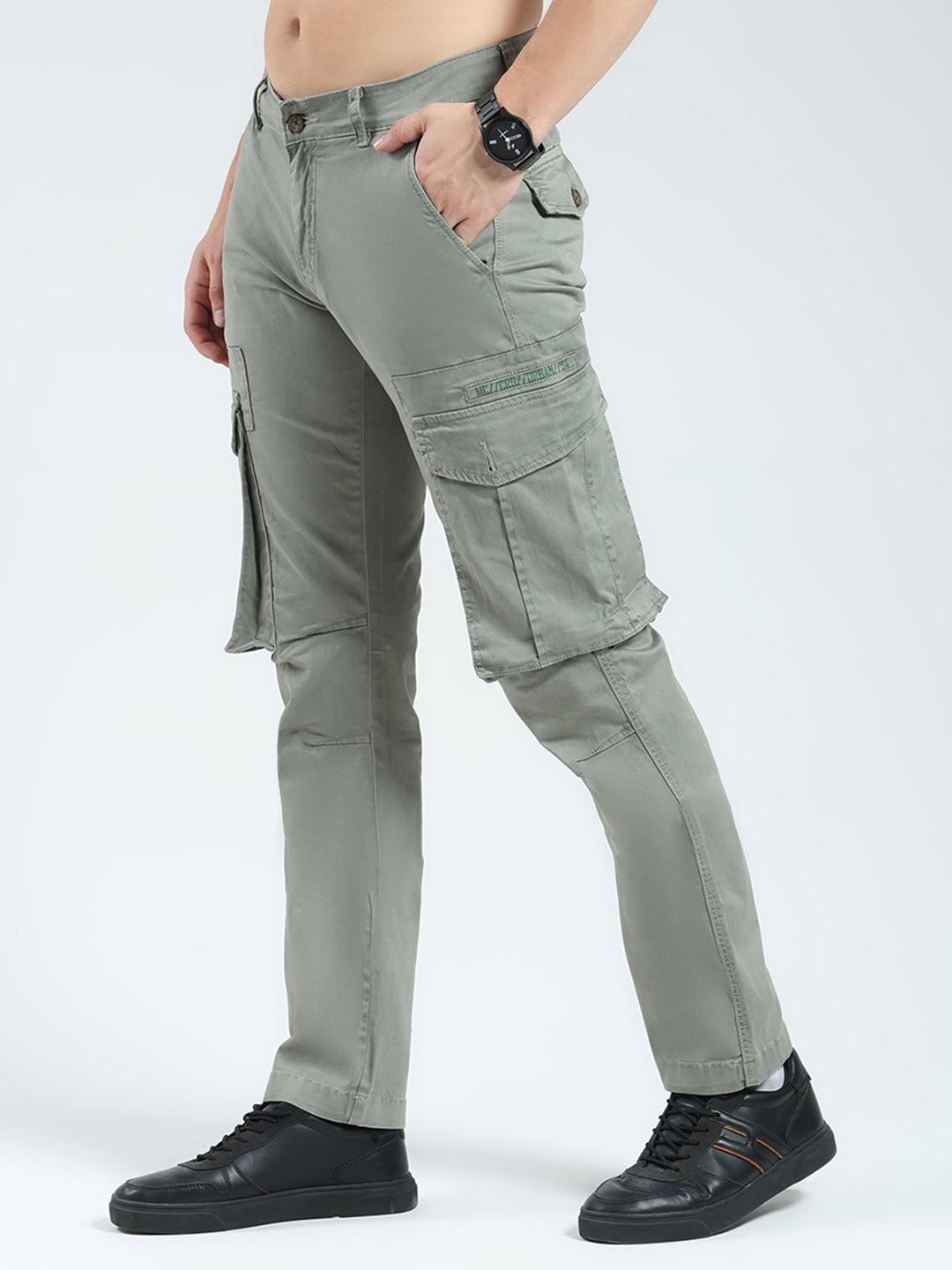 Men Grey Solid Slim Fit Cargo