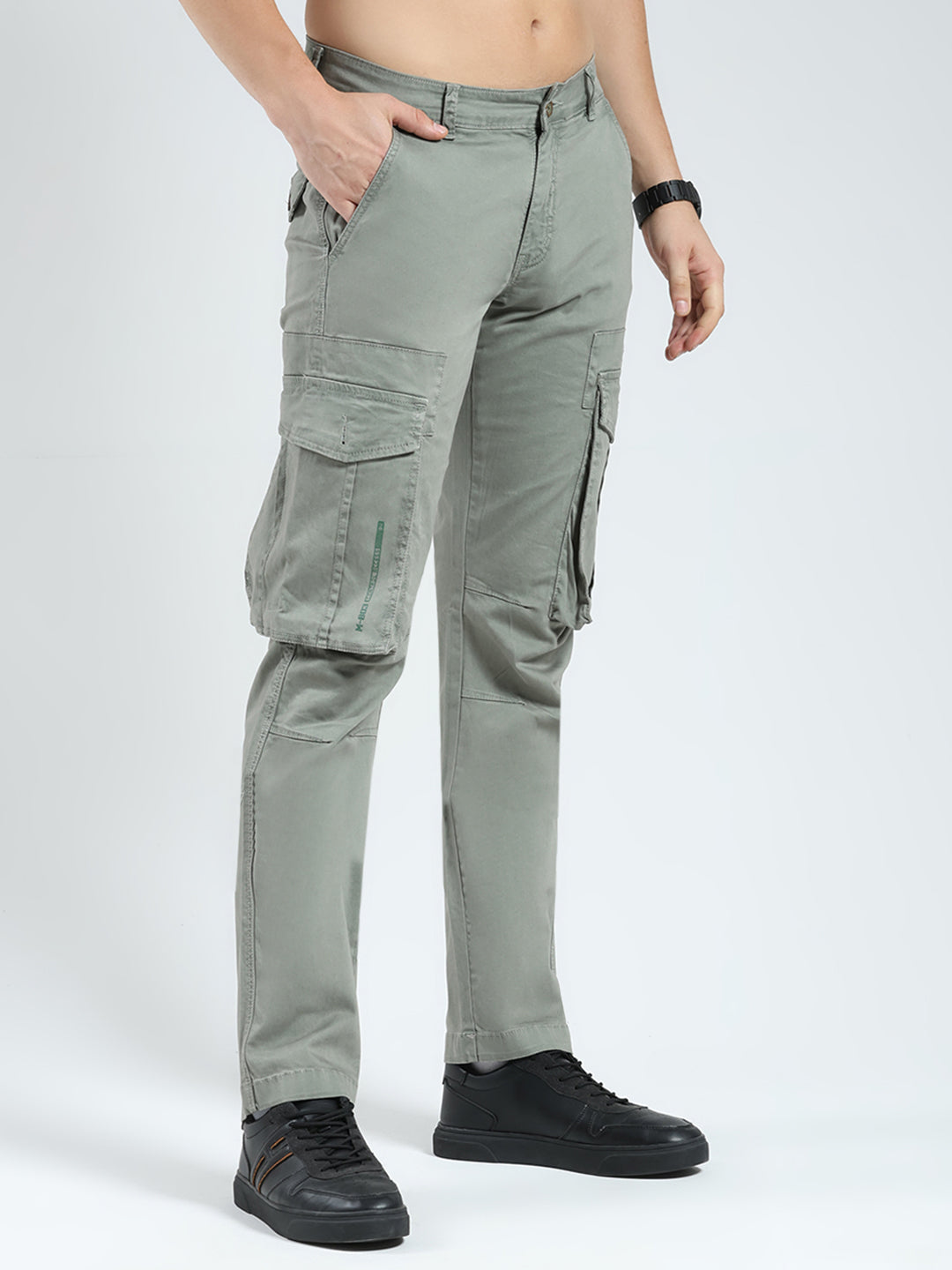 Men Grey Solid Slim Fit Cargo