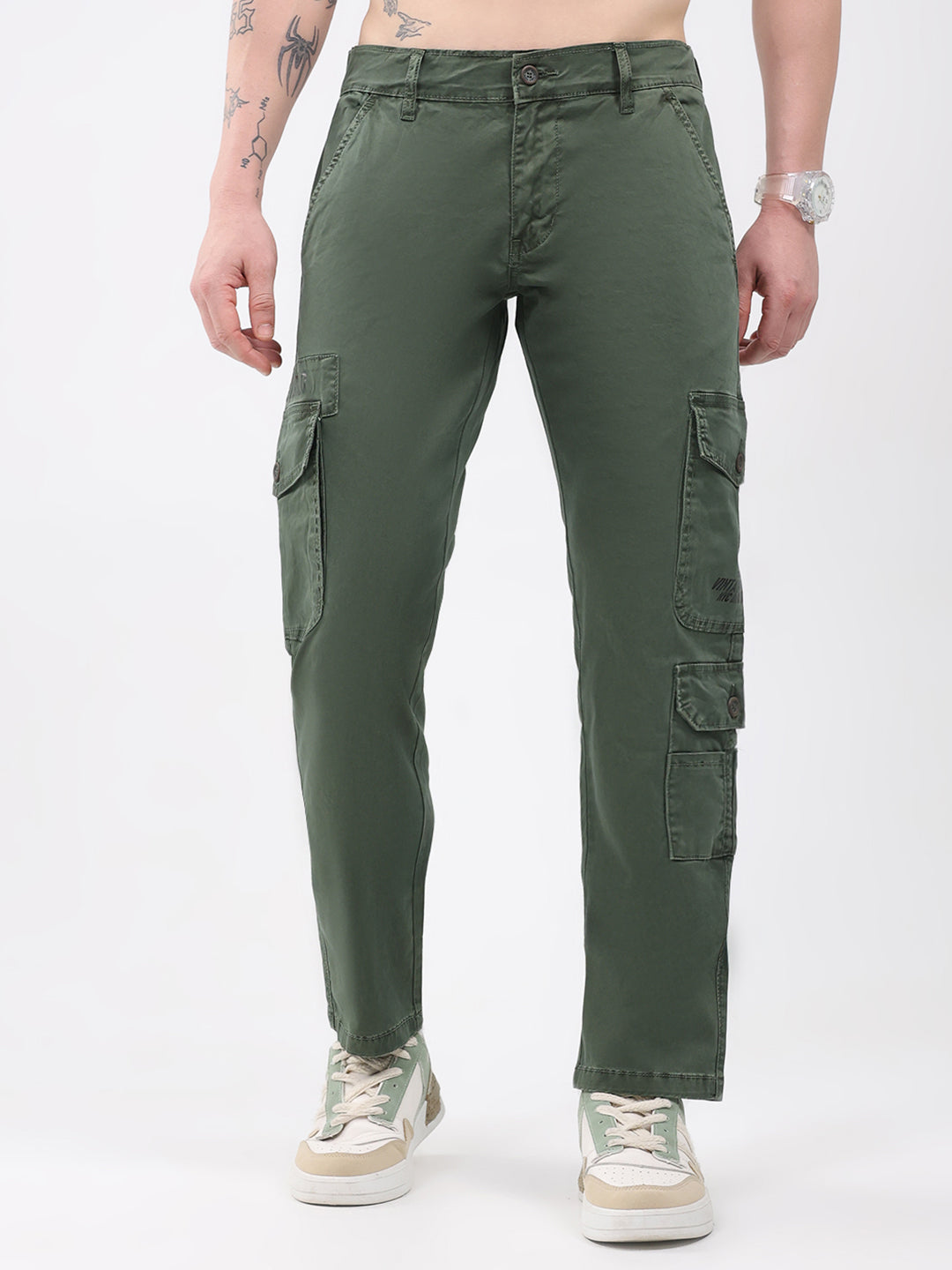 Men Olive Self Design Regular Fit Trouser