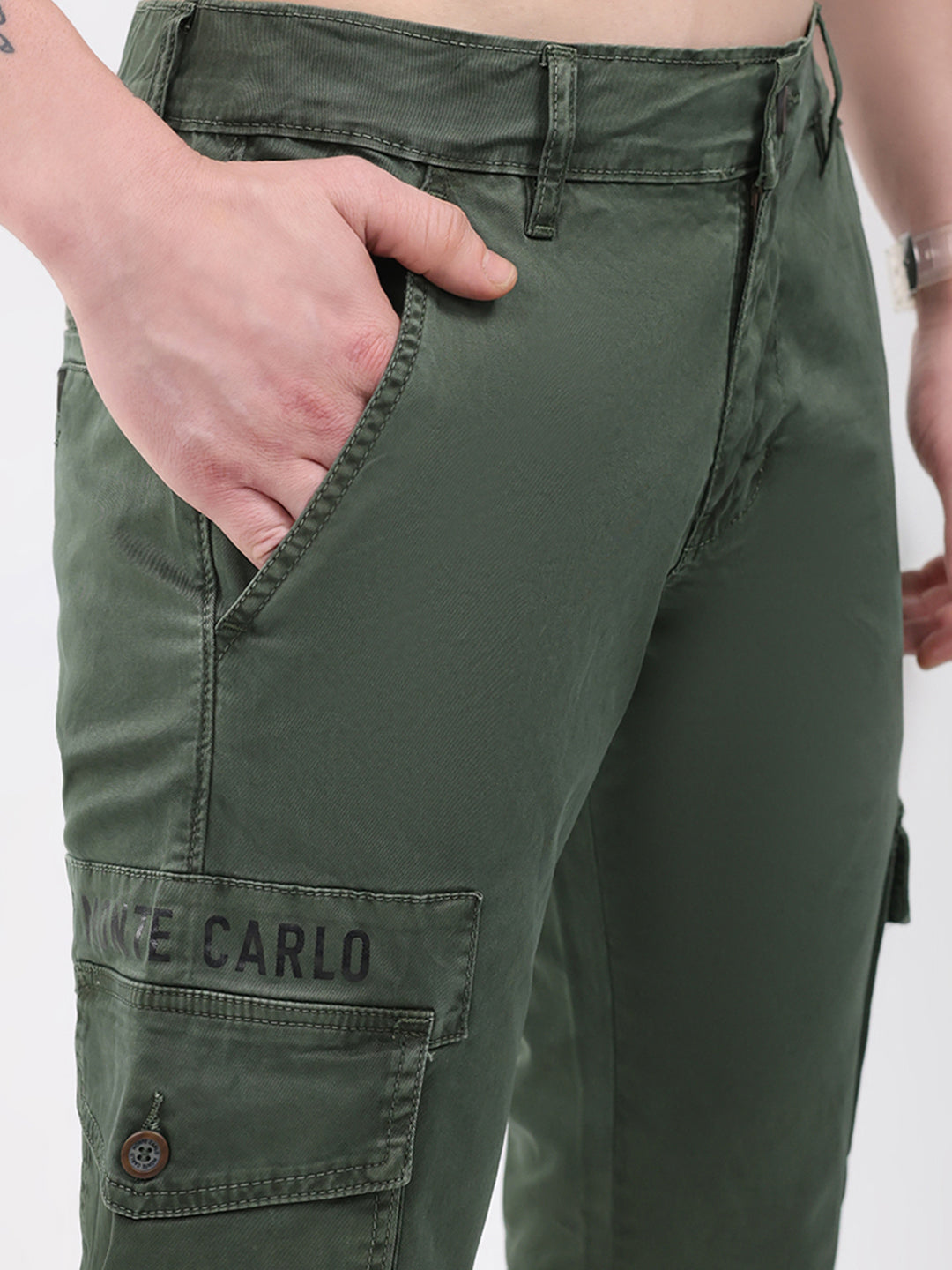 Men Olive Self Design Regular Fit Trouser