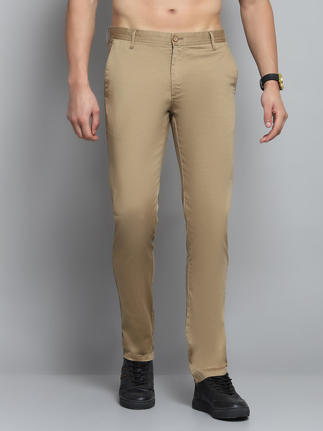 Men Khaki Solid Trouser