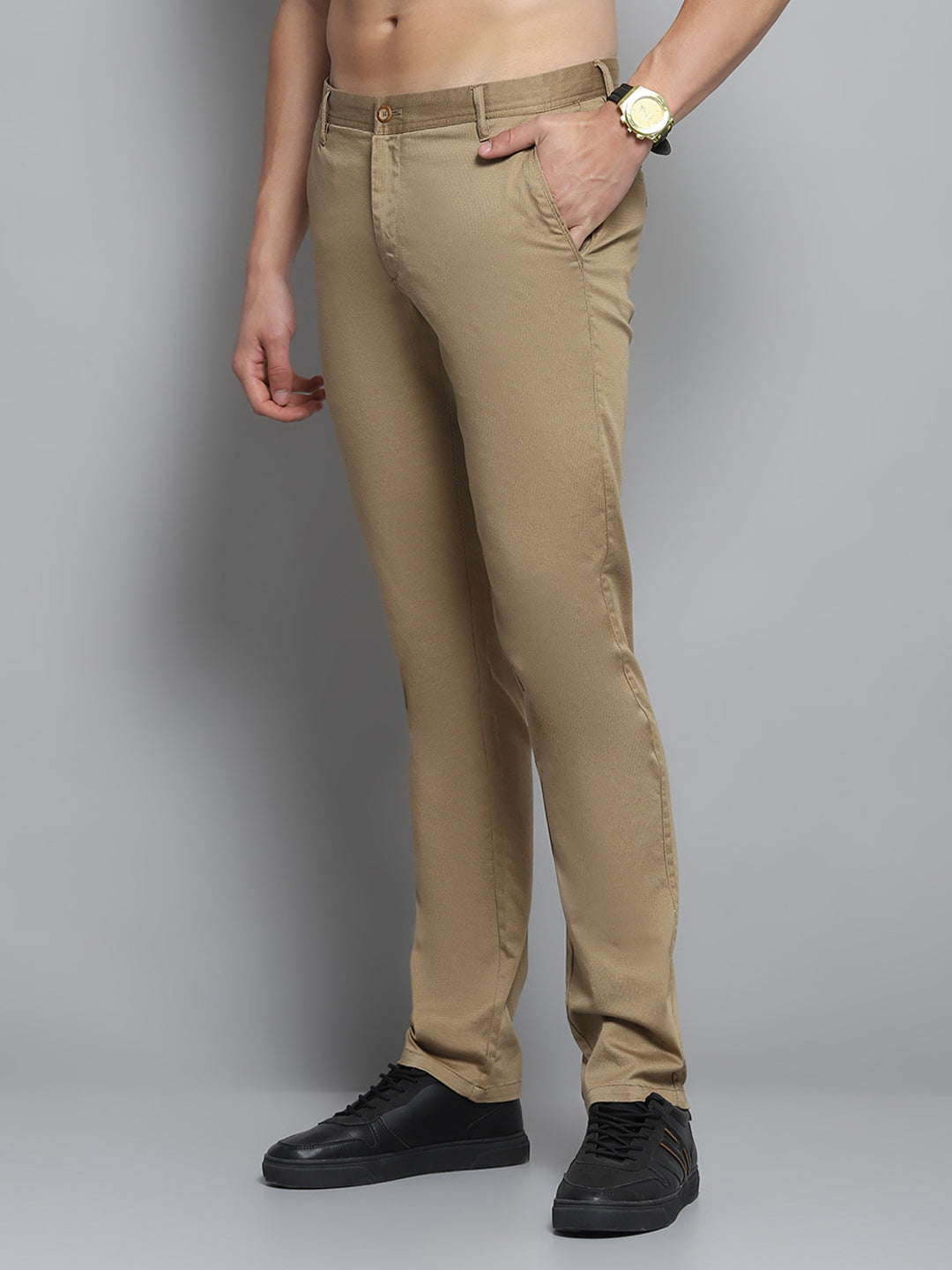 Men Khaki Solid Trouser