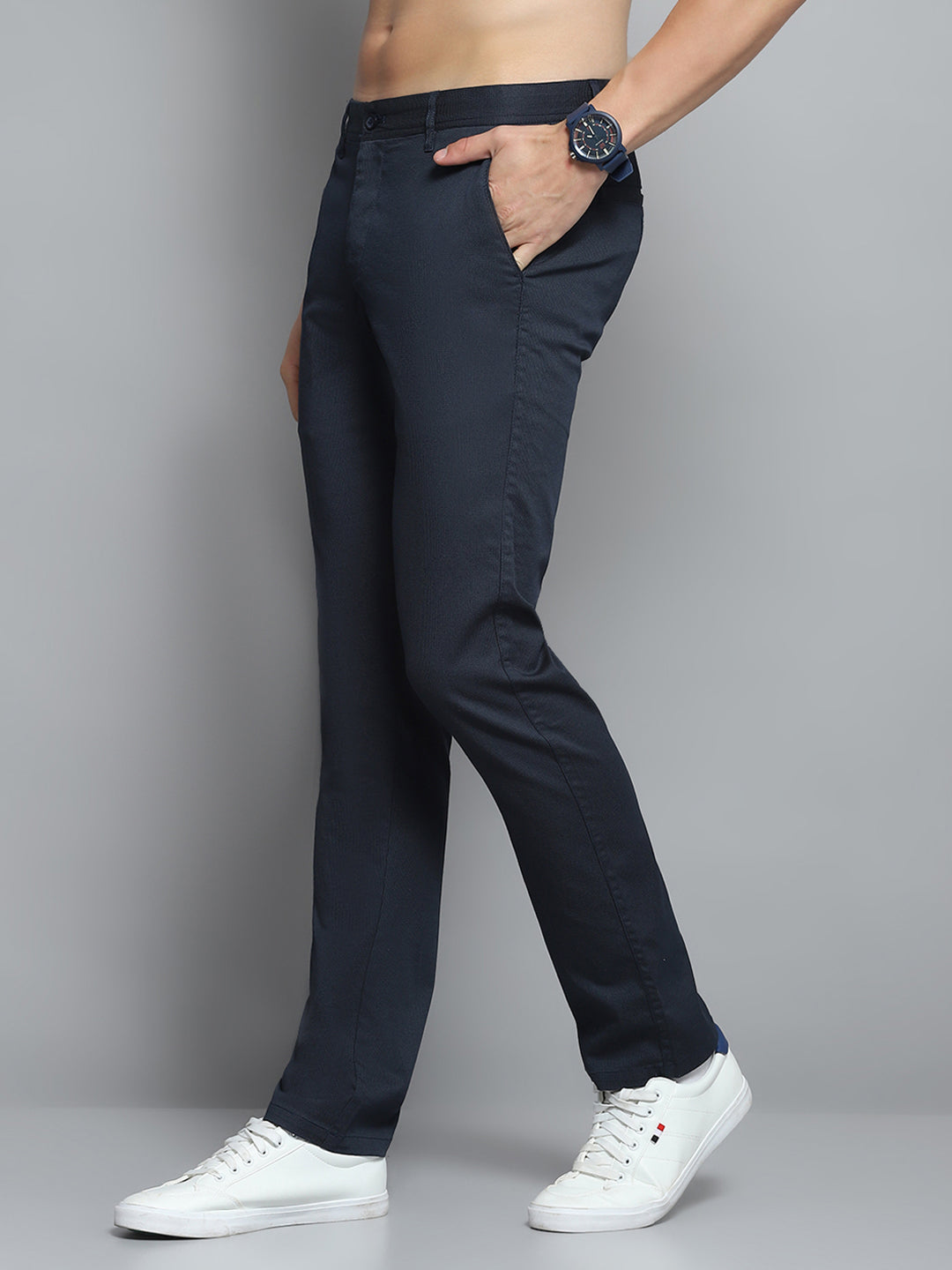 Men Navy Blue Solid Trouser