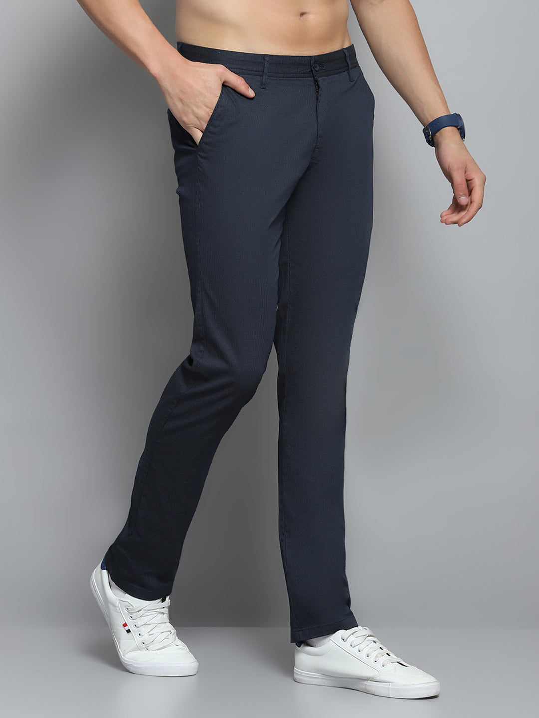 Men Navy Blue Solid Trouser