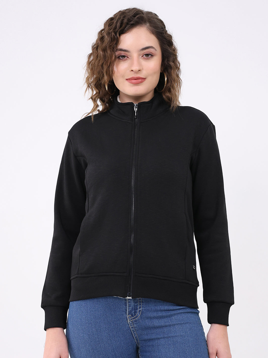 Women Black Solid Mock Neck Full Sleeve Sweatshirt