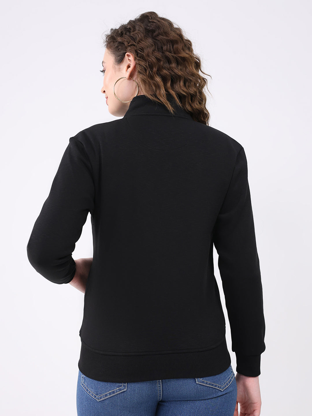 Women Black Solid Mock Neck Full Sleeve Sweatshirt