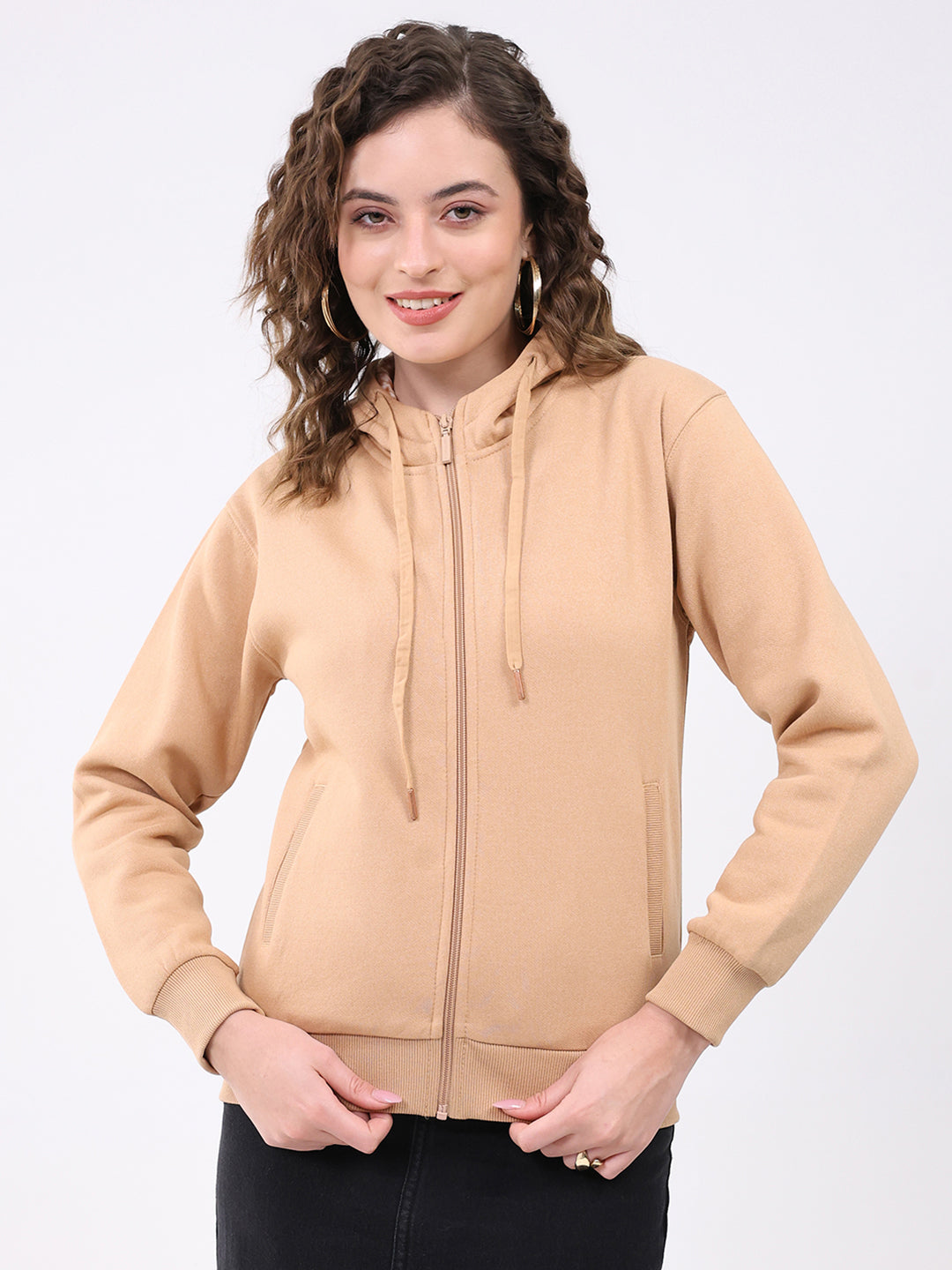 Women Khaki Solid Hooded Full Sleeve Sweatshirt