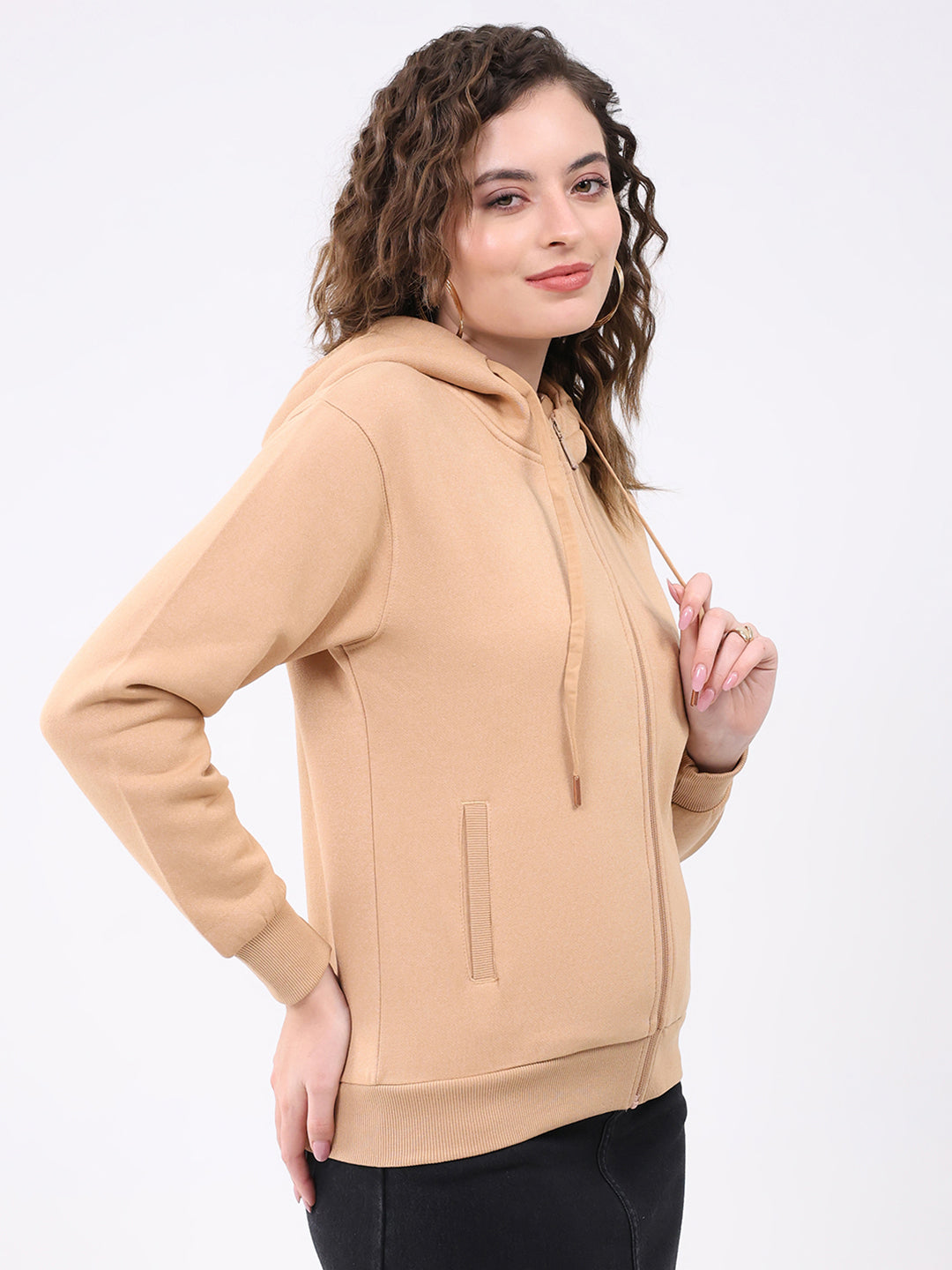Women Khaki Solid Hooded Full Sleeve Sweatshirt