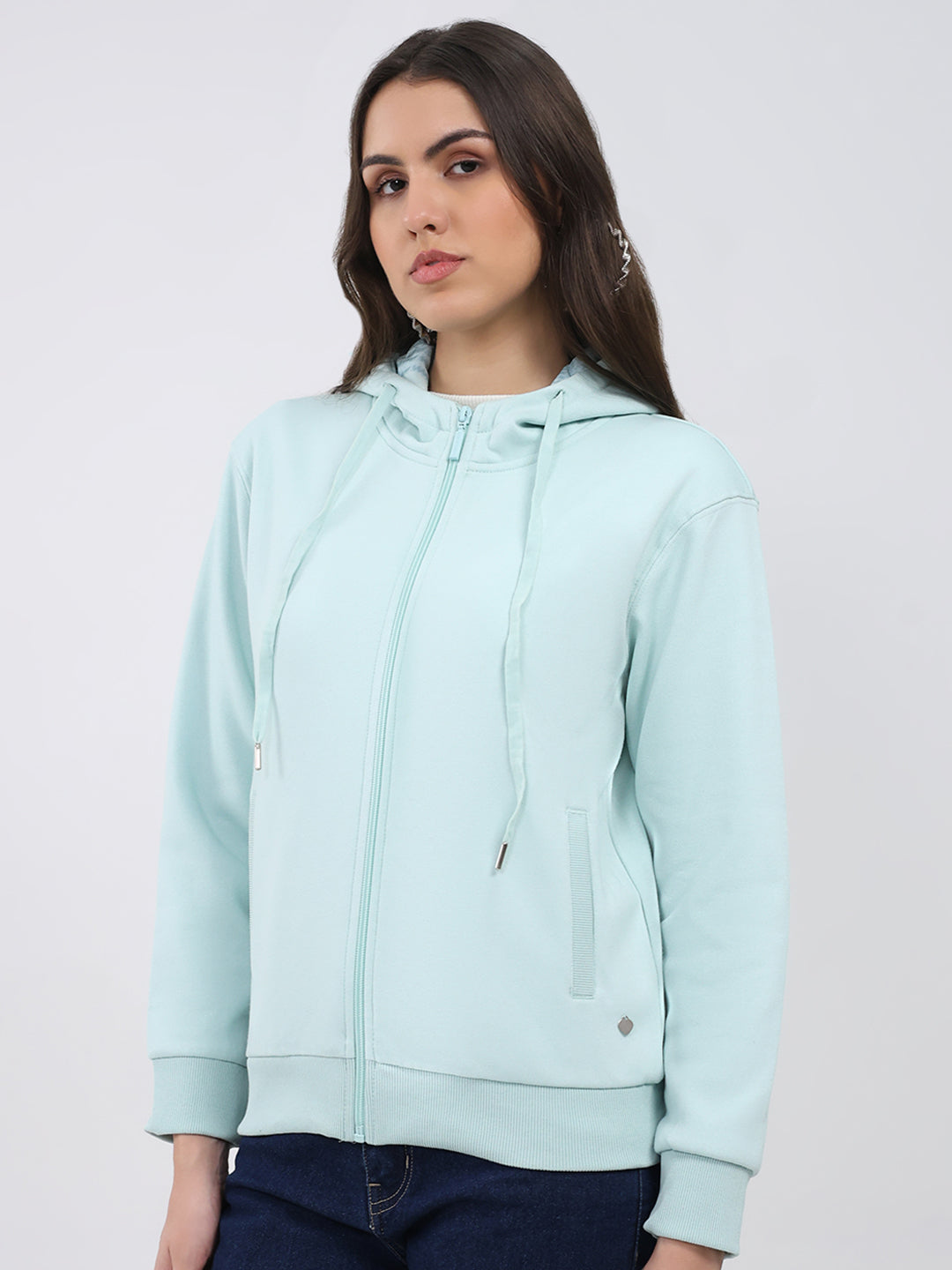 Women Sea Green Solid Hooded Full Sleeve Sweatshirt