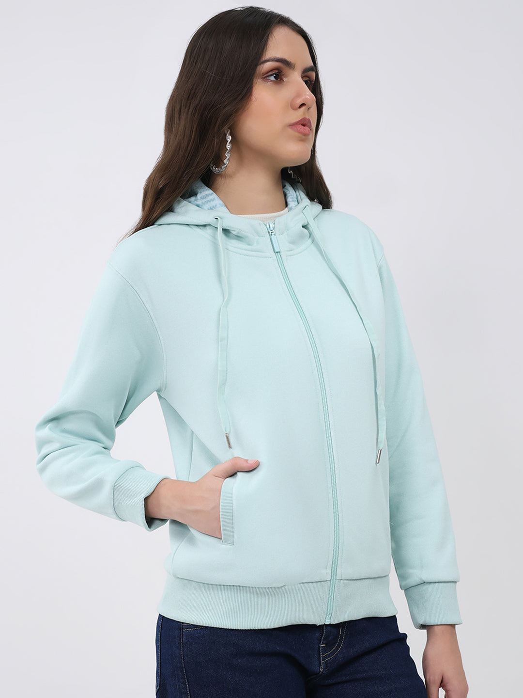Women Sea Green Solid Hooded Full Sleeve Sweatshirt