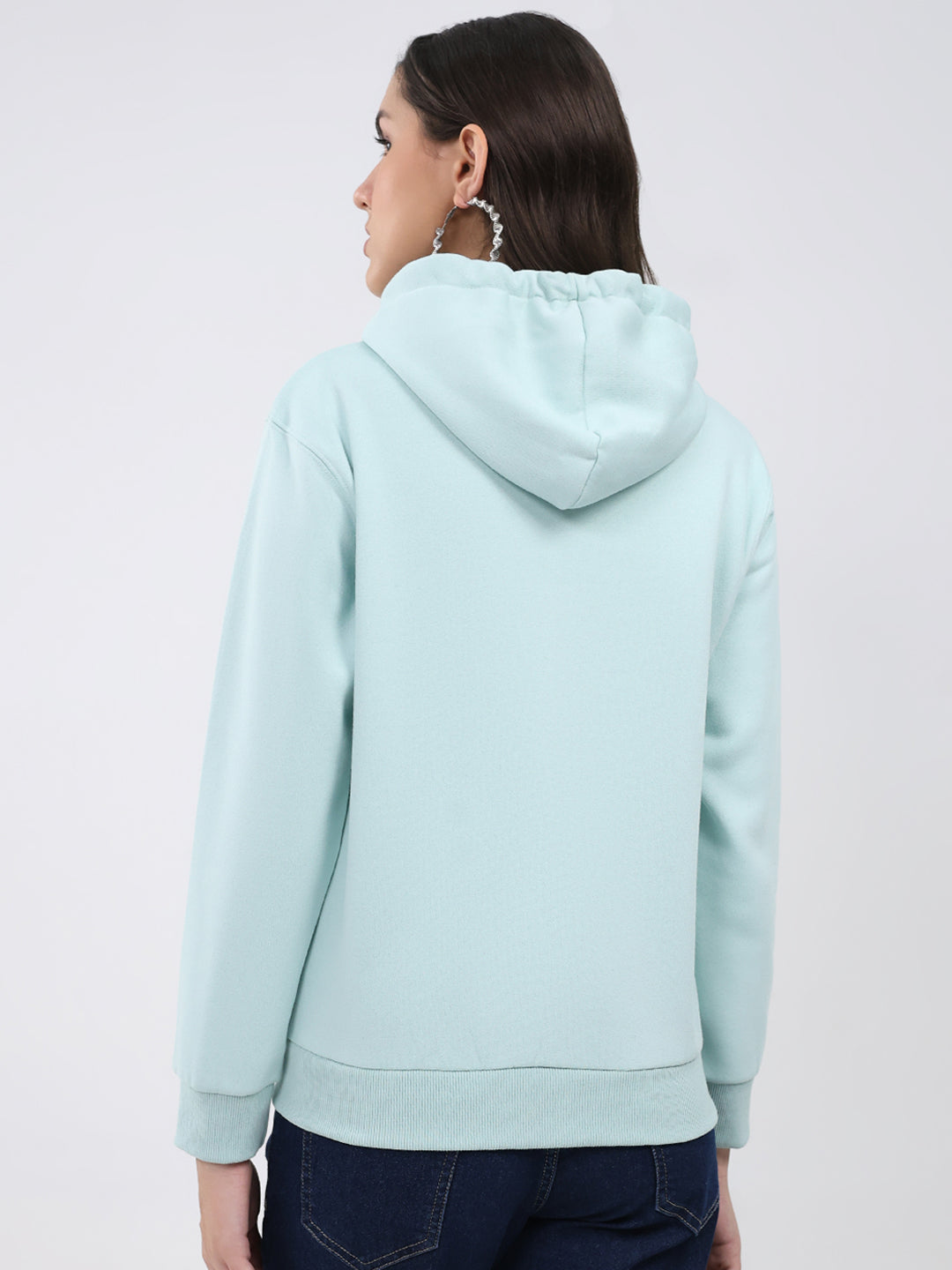 Women Sea Green Solid Hooded Full Sleeve Sweatshirt