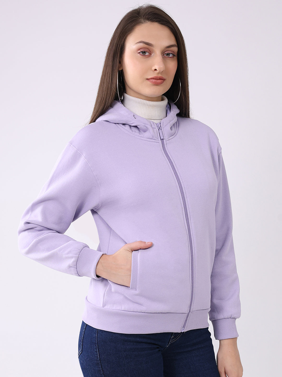 Women Purple Solid Hooded Full Sleeve Sweatshirt