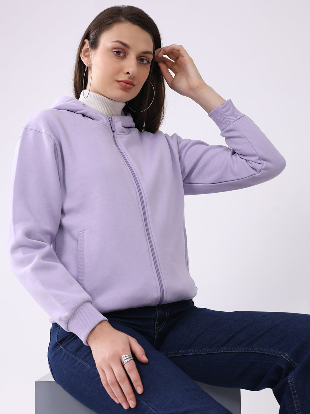 Women Purple Solid Hooded Full Sleeve Sweatshirt