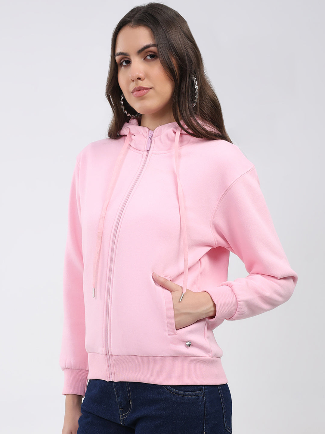 Women Pink Solid Hooded Full Sleeve Sweatshirt