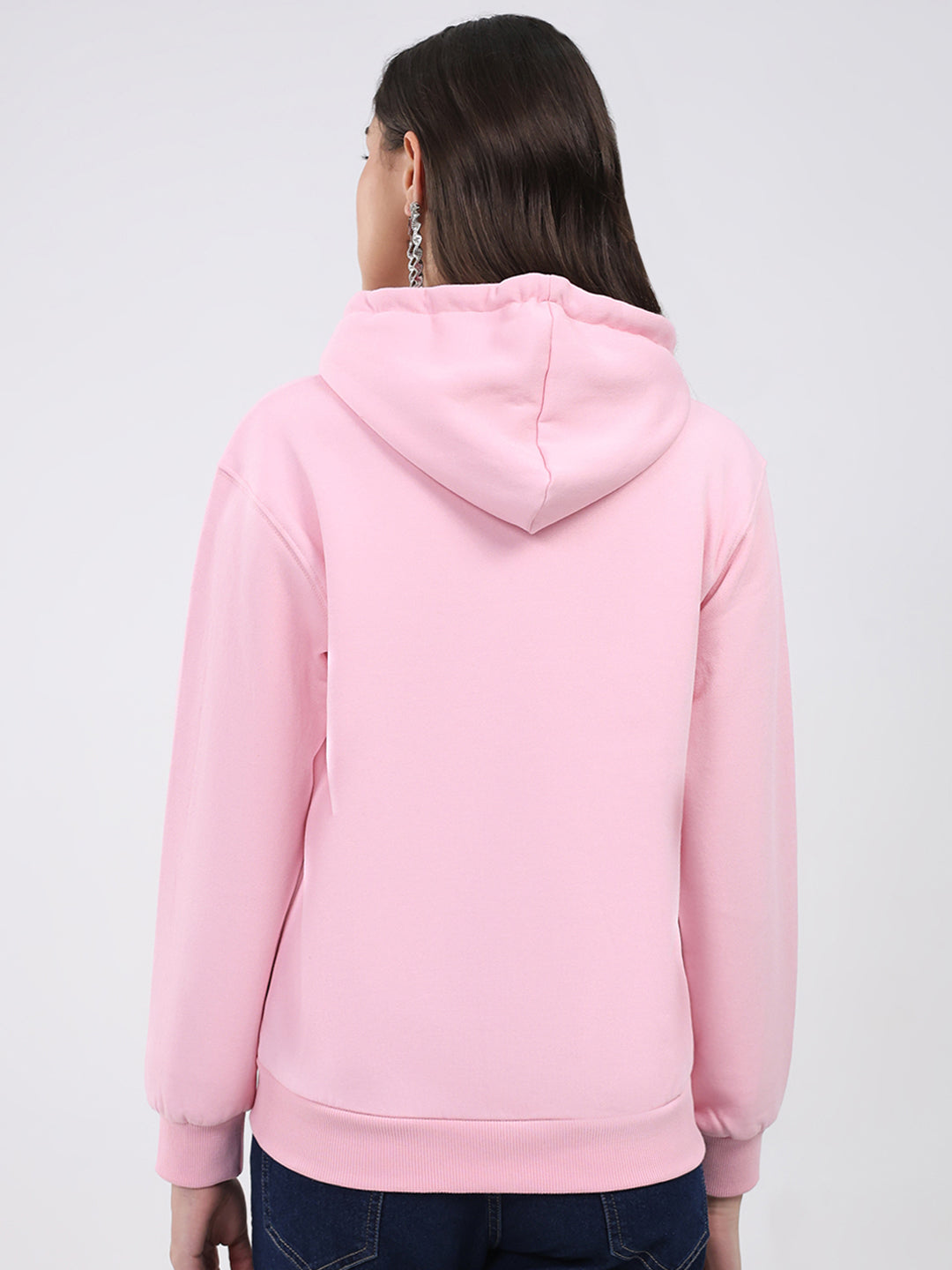 Women Pink Solid Hooded Full Sleeve Sweatshirt