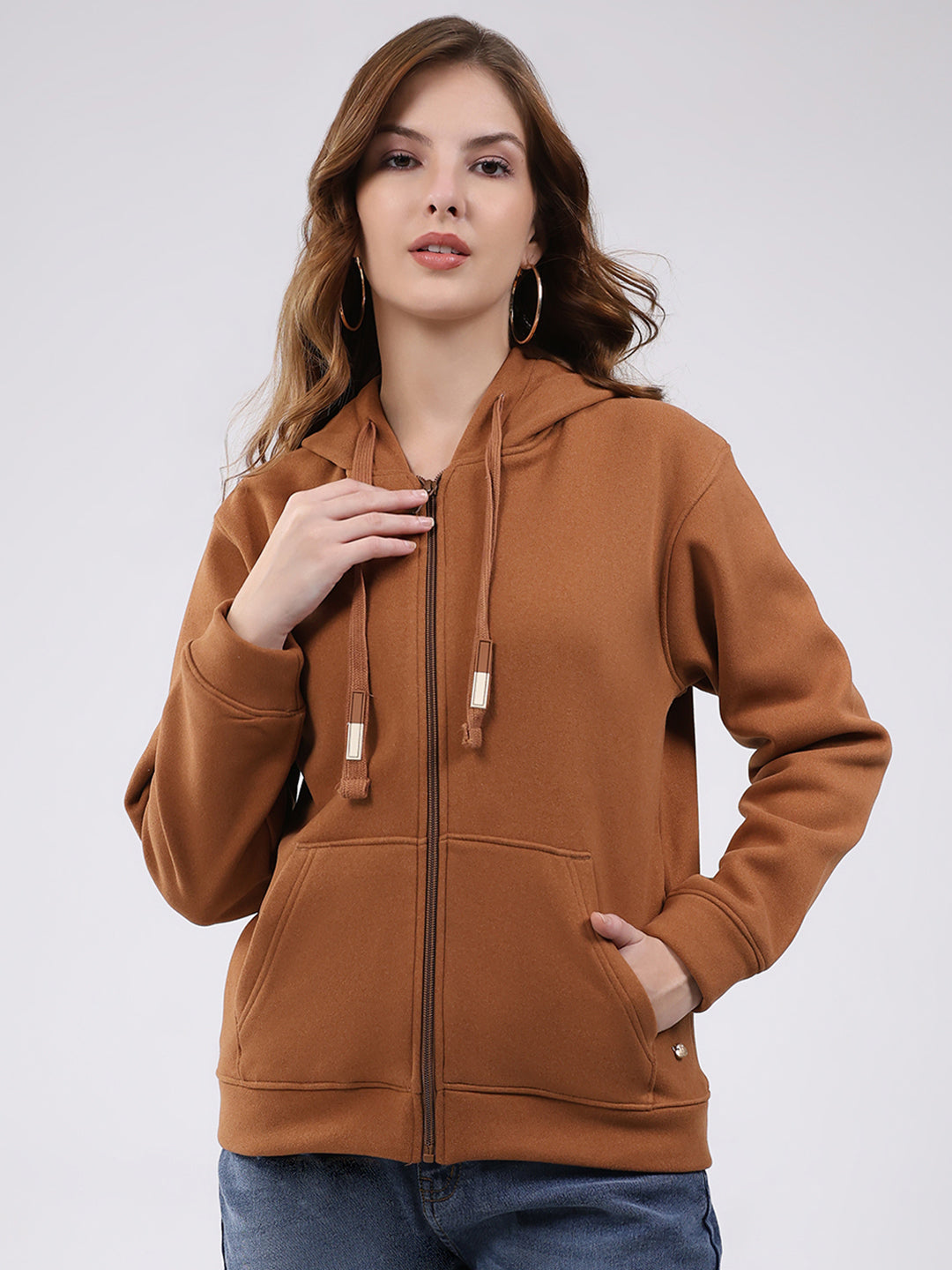 Women Brown Printed Hooded Full Sleeve Sweatshirt