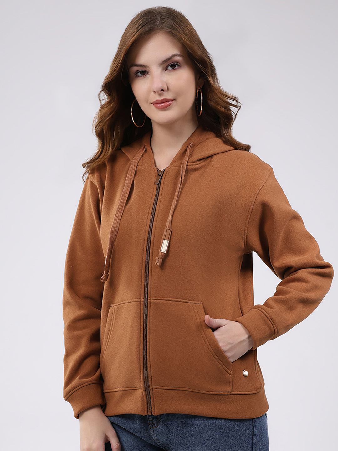 Women Brown Printed Hooded Full Sleeve Sweatshirt