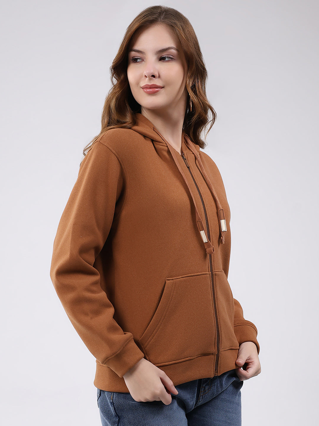 Women Brown Printed Hooded Full Sleeve Sweatshirt