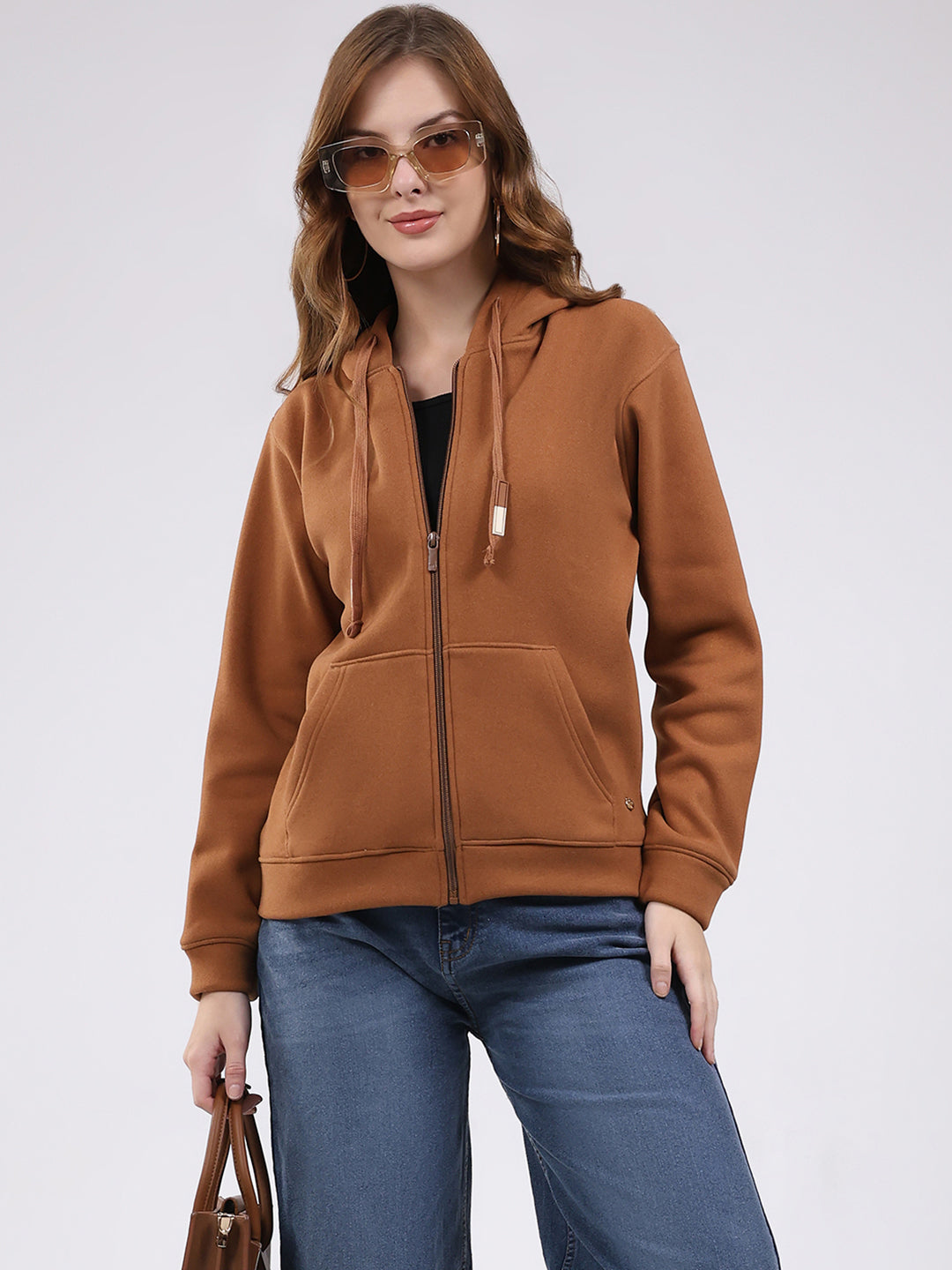 Women Brown Printed Hooded Full Sleeve Sweatshirt