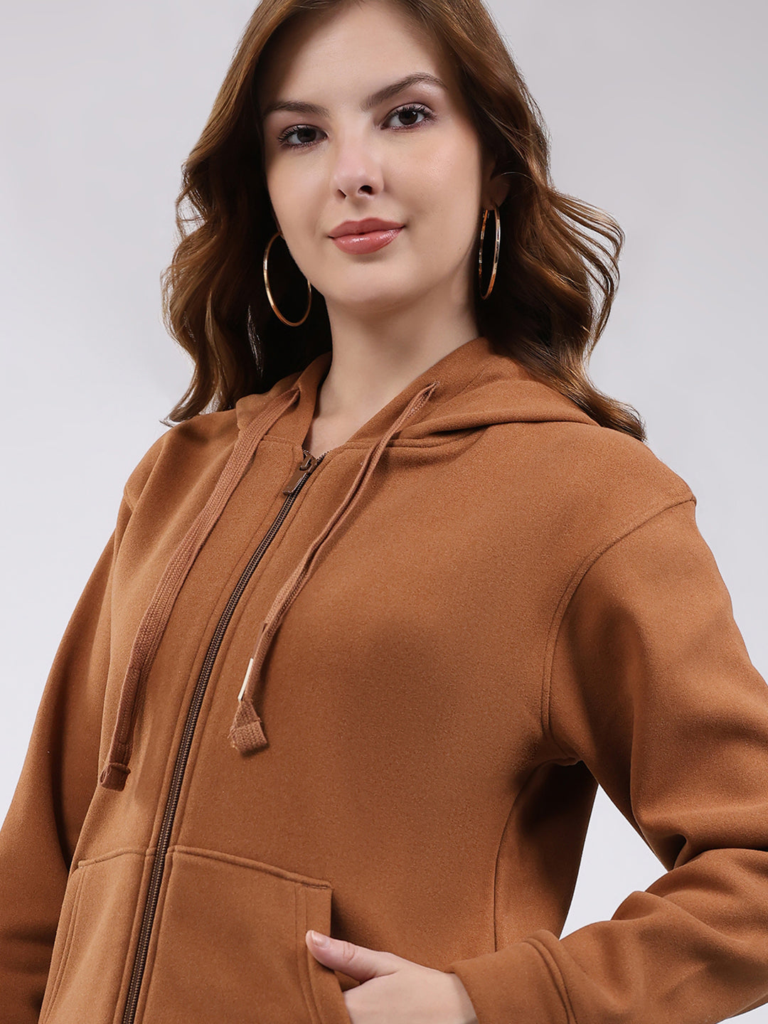 Women Brown Printed Hooded Full Sleeve Sweatshirt