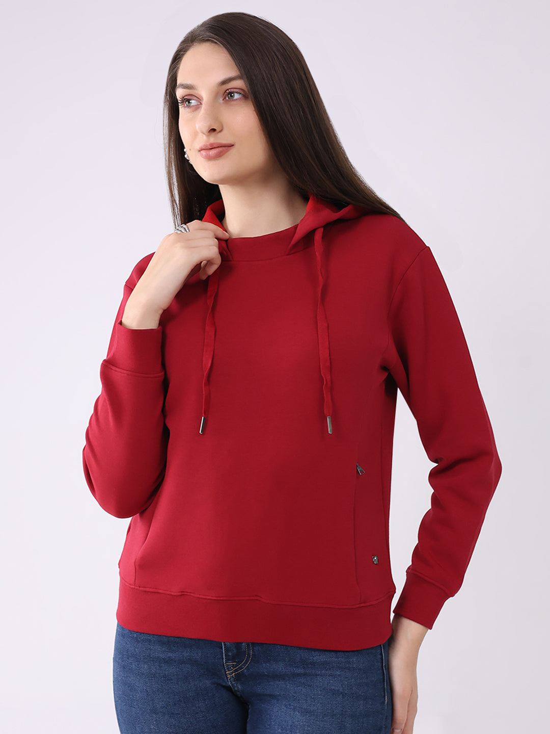 Women Red Solid Hooded Full Sleeve Sweatshirt