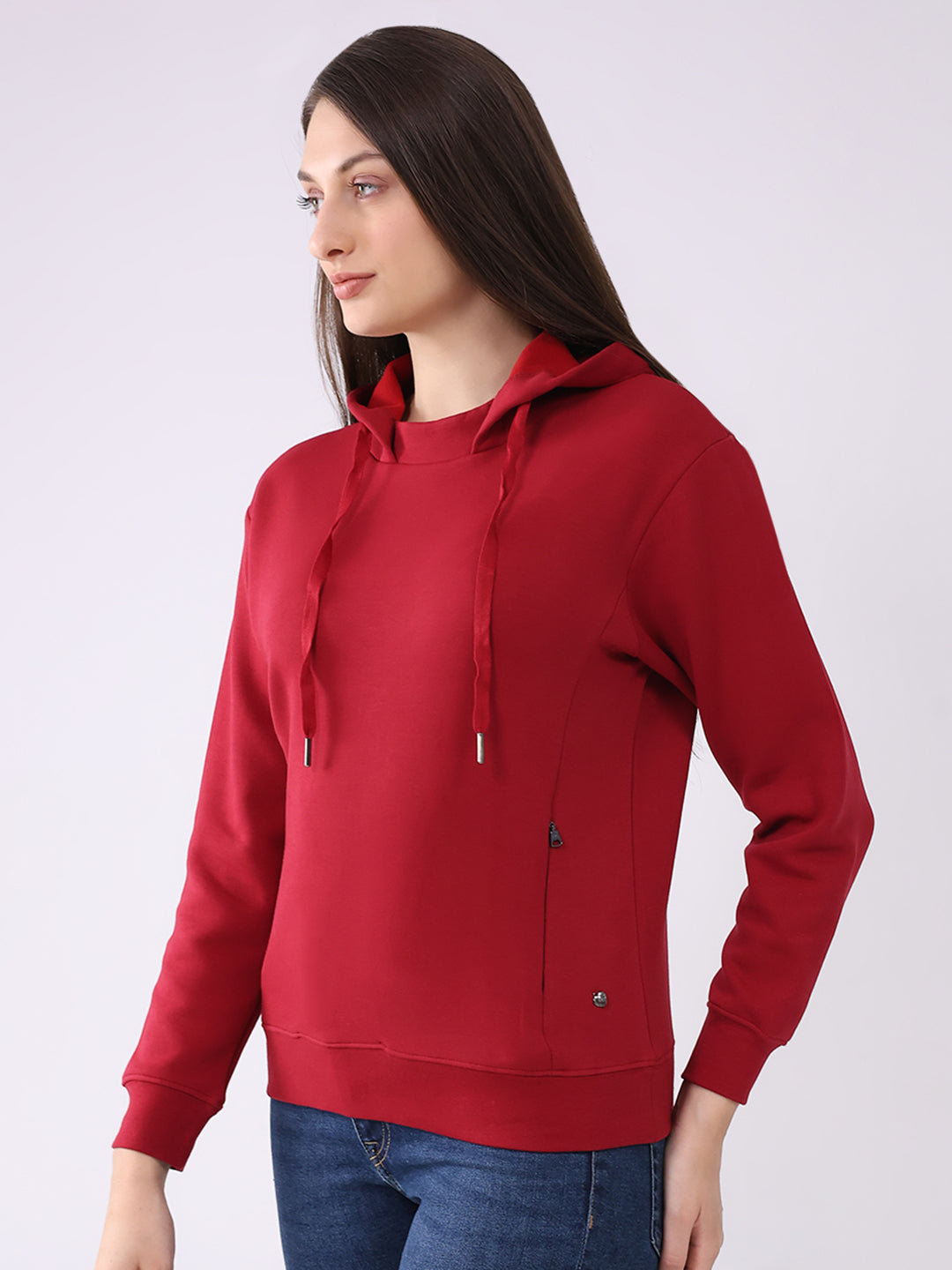 Women Red Solid Hooded Full Sleeve Sweatshirt