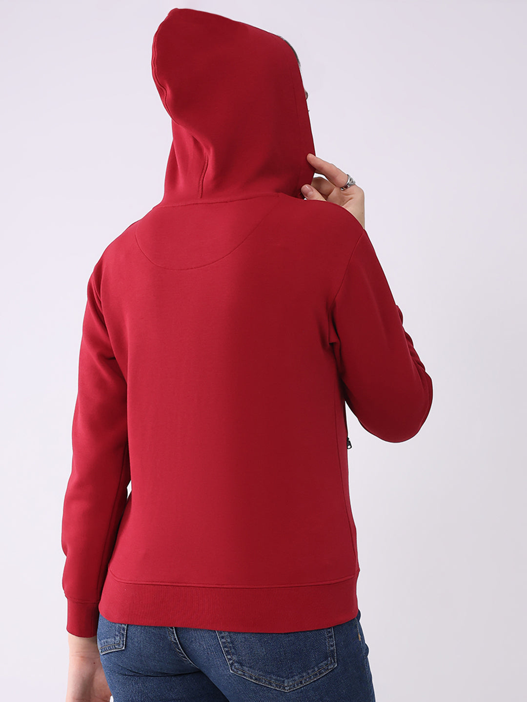 Women Red Solid Hooded Full Sleeve Sweatshirt