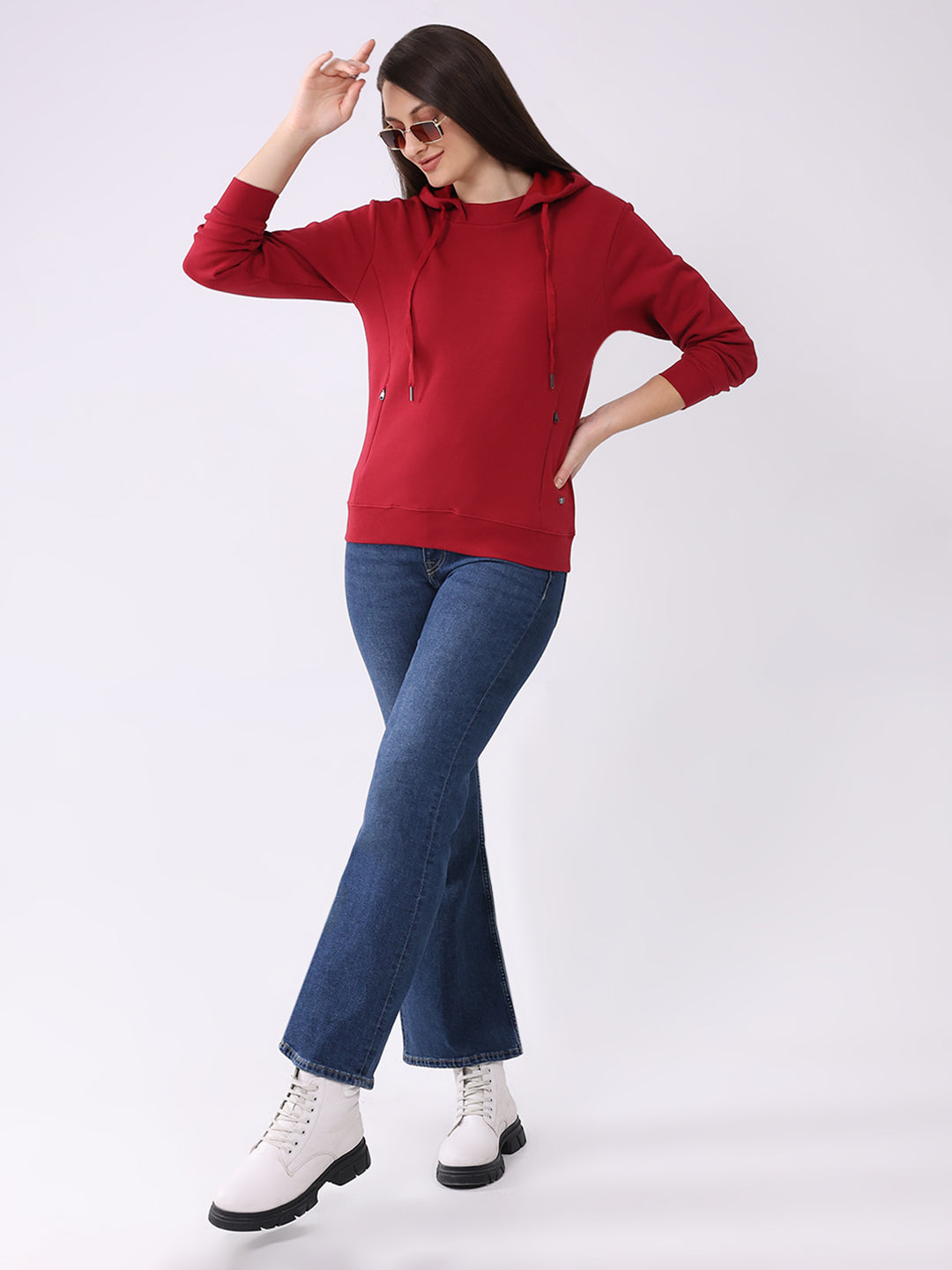 Women Red Solid Hooded Full Sleeve Sweatshirt