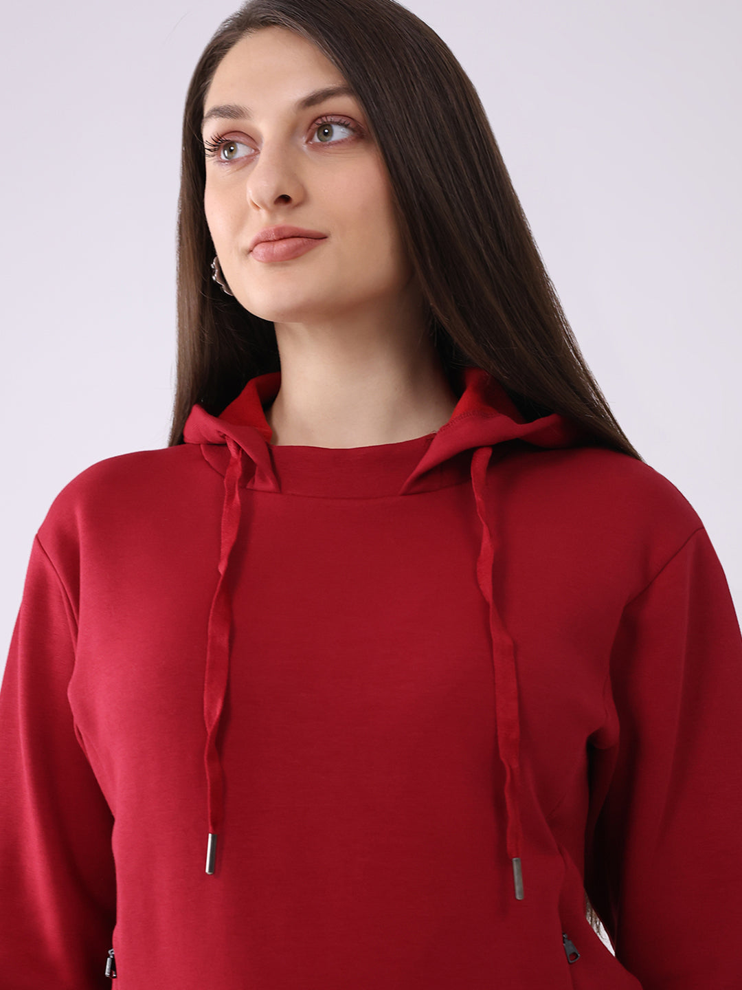 Women Red Solid Hooded Full Sleeve Sweatshirt