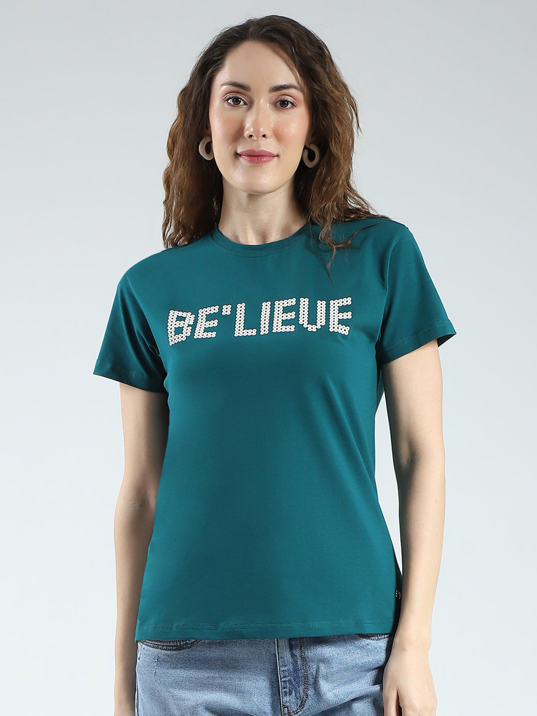 Women Teal Blue Printed Round Neck Half Sleeve Top